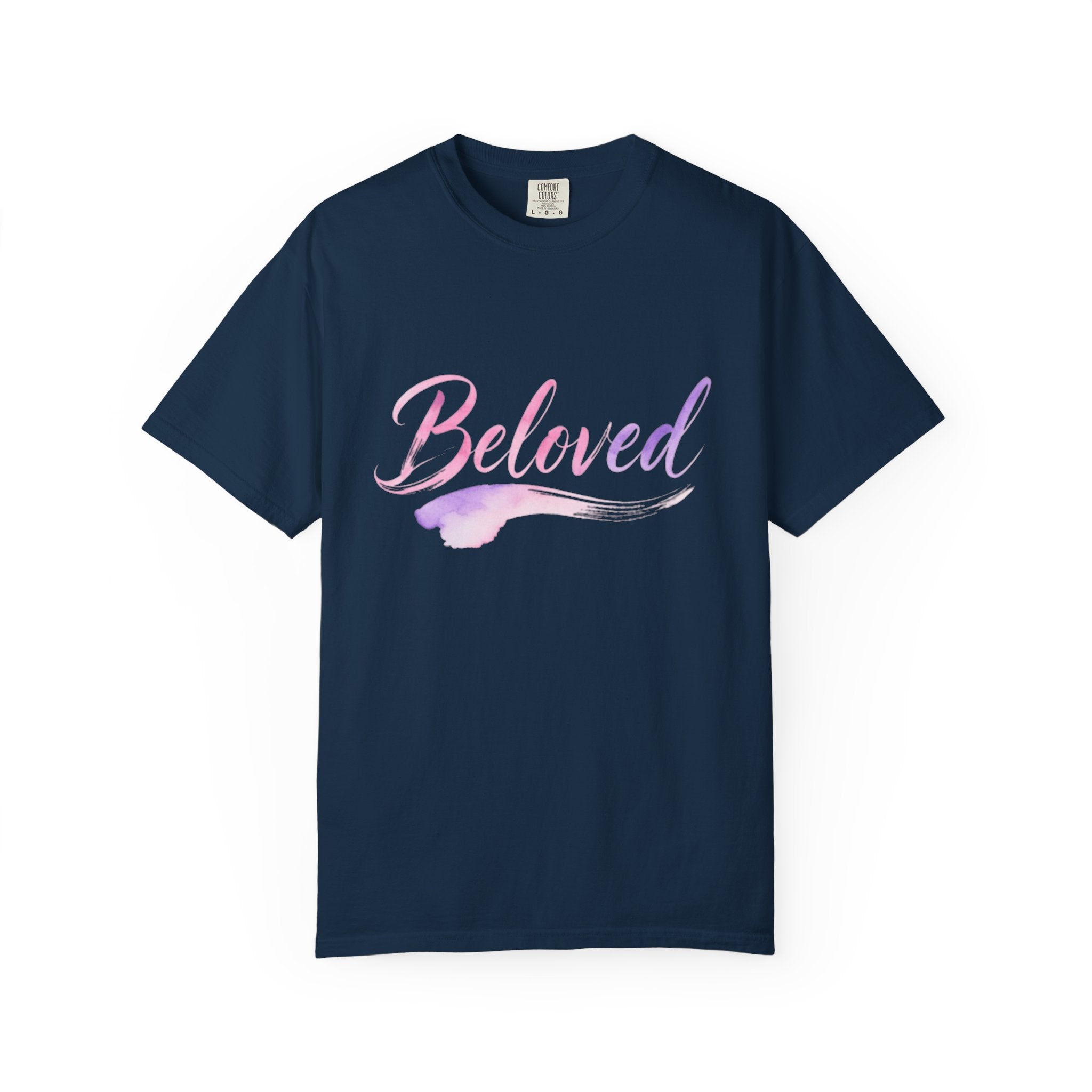 Navy blue t-shirt with 'Beloved' text in pink and white on a white background