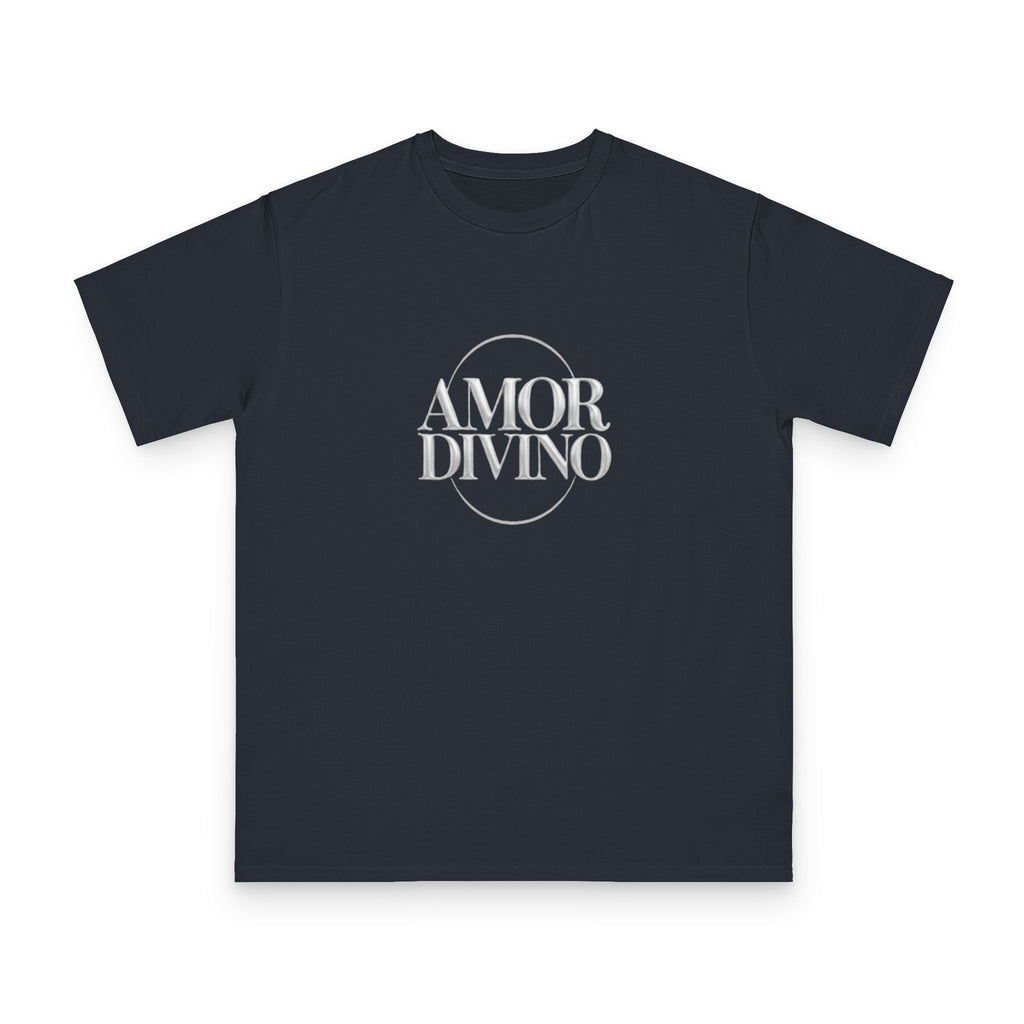 Black t-shirt with 'AMOR DIVINO' text on a white background