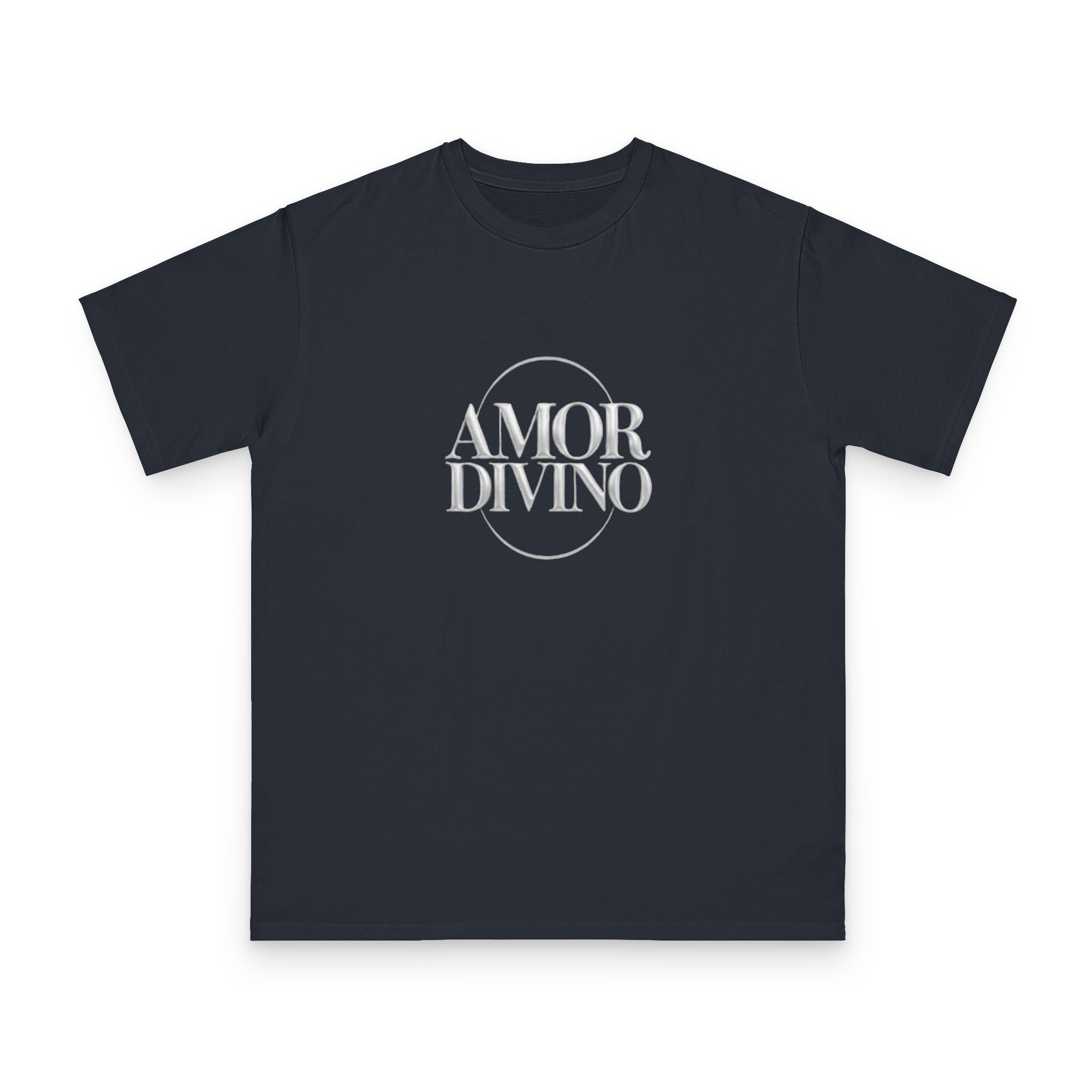 Black t-shirt with 'AMOR DIVINO' text on a white background