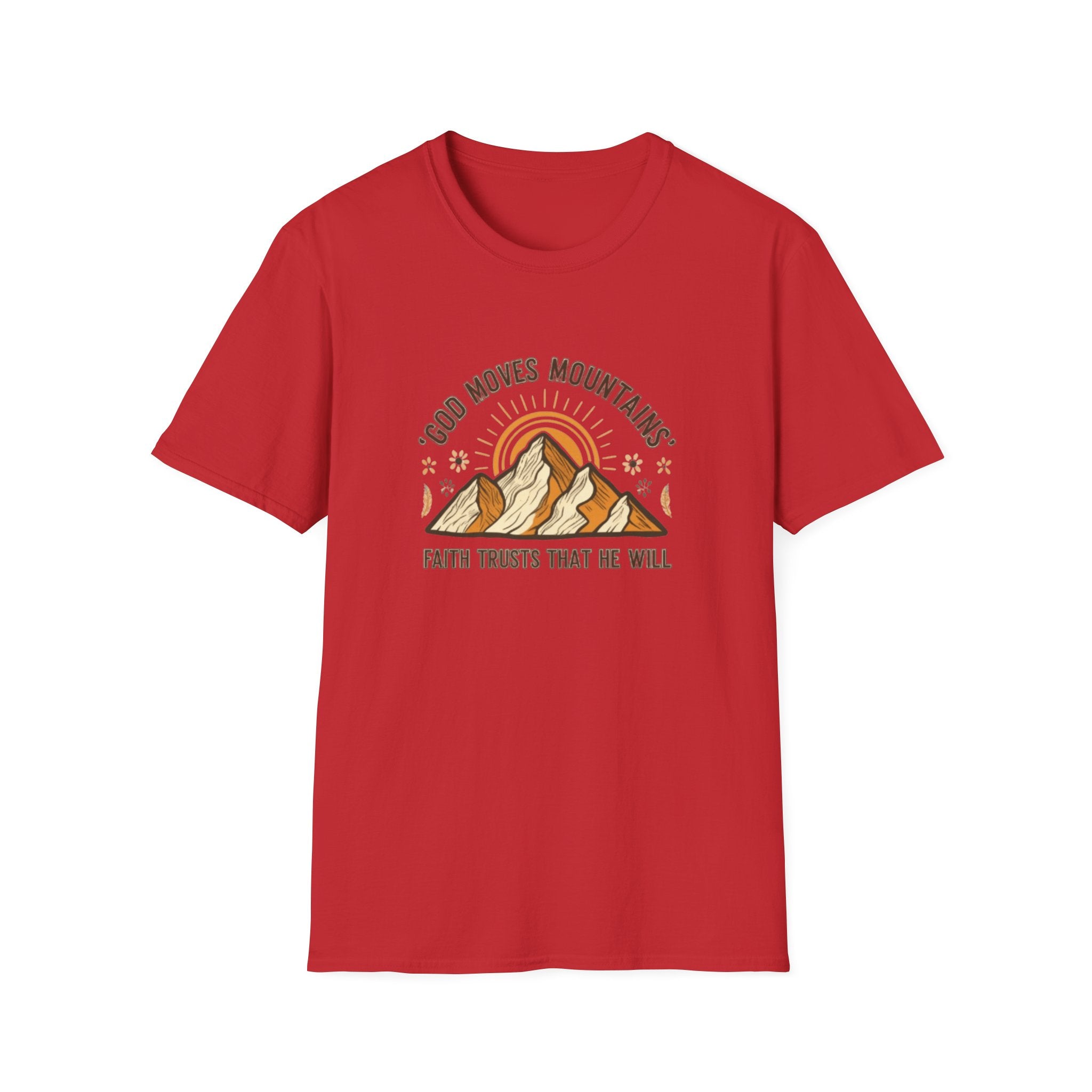 Red t-shirt with mountain graphic and text on a white background