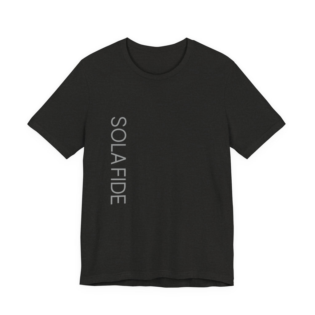 Sola Fide Vertical Logo Tee in Black Heather — front view showing Faith Alone Reformation graphic, Ephesians 2:8-9 Christian tee by 4HG