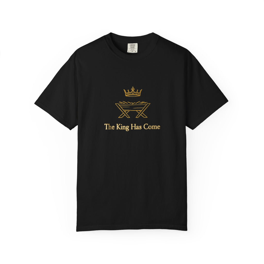 Black t-shirt with gold graphic and text 'The King Has Come' on a white background