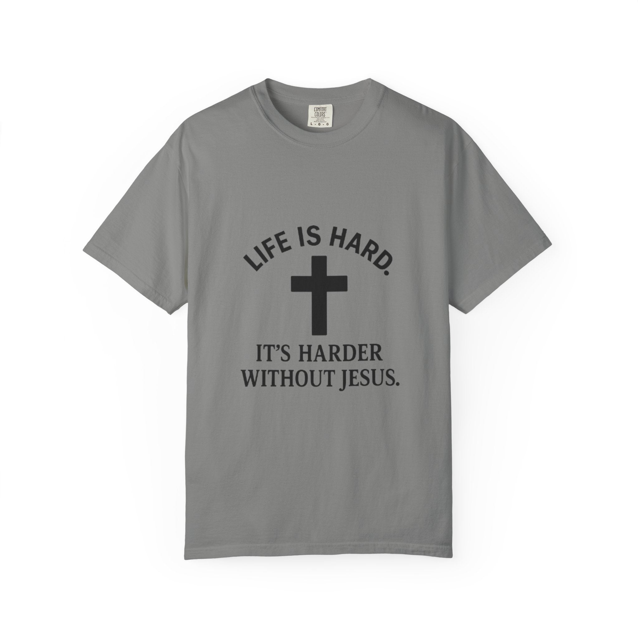 Gray t-shirt with black text and cross graphic on a white background