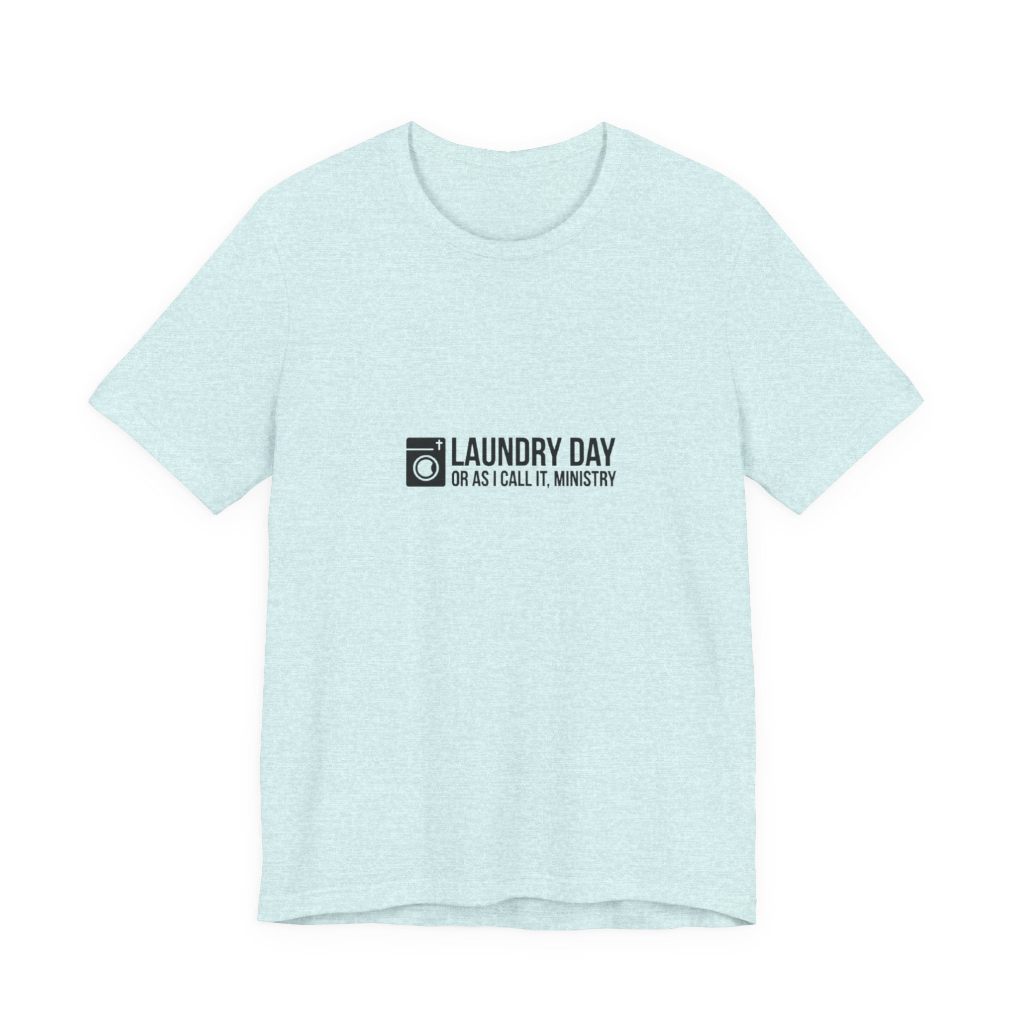 Light blue t-shirt with black text and logo on a white background