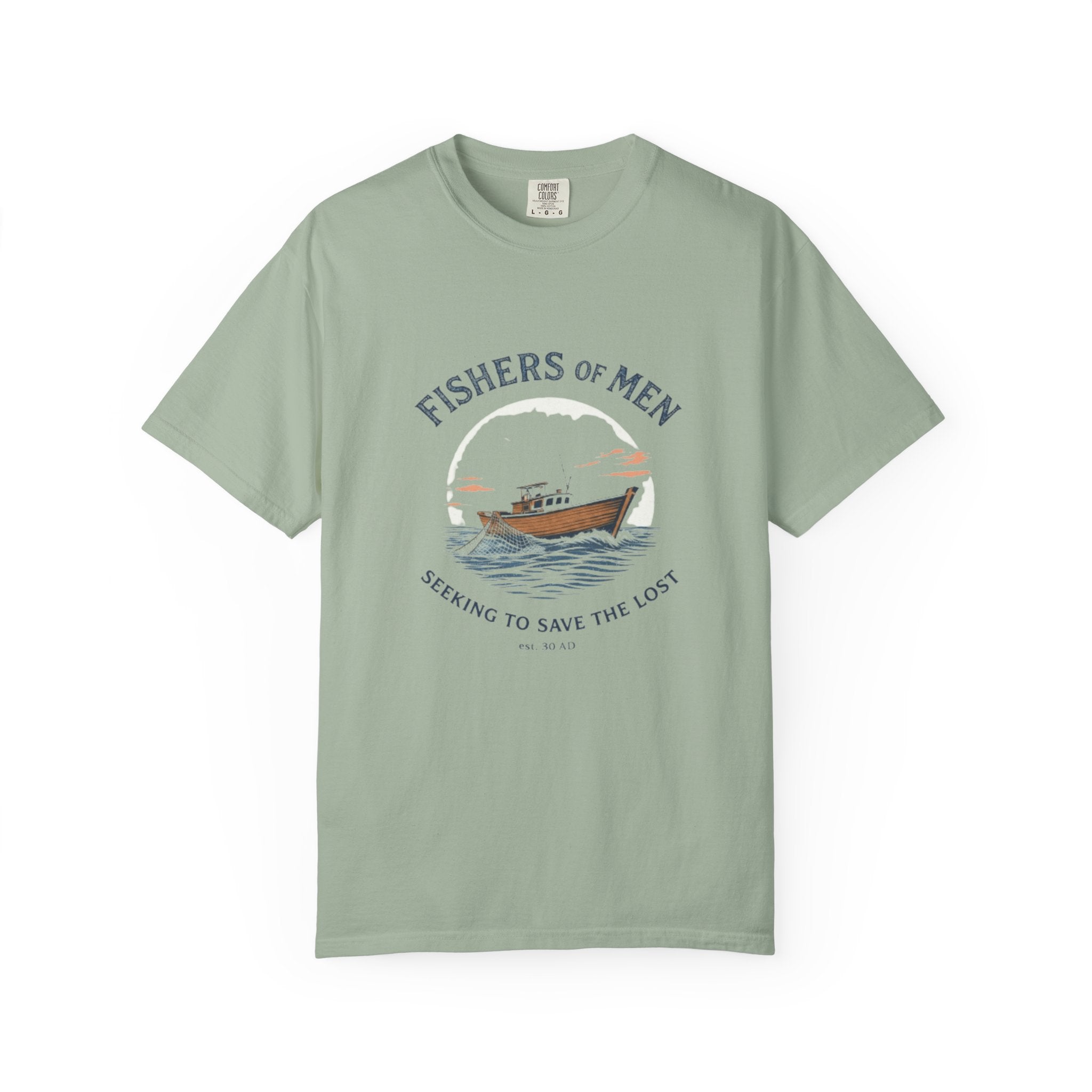 Green t-shirt with a graphic of a boat and text on a white background
