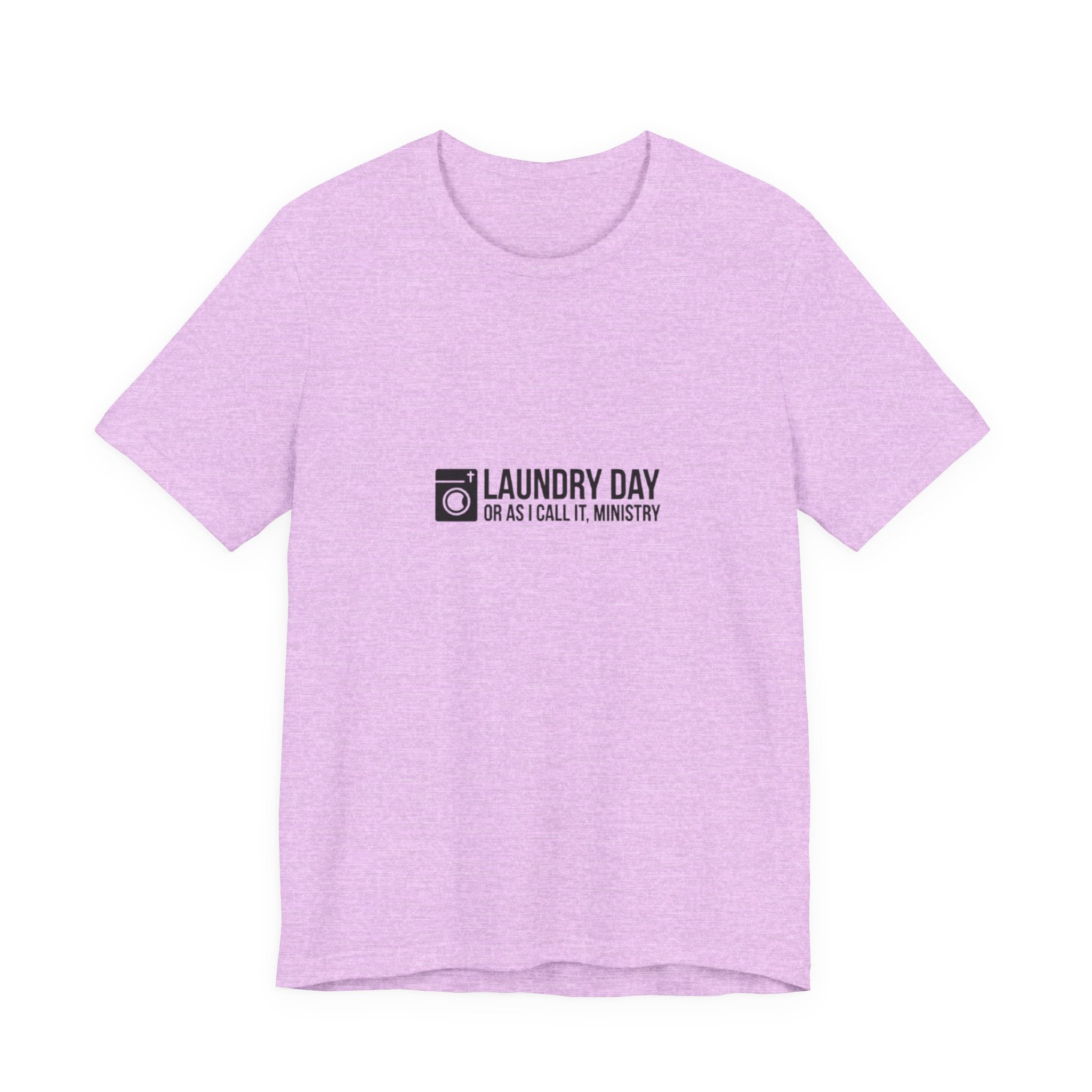 Purple t-shirt with black text and logo on a white background