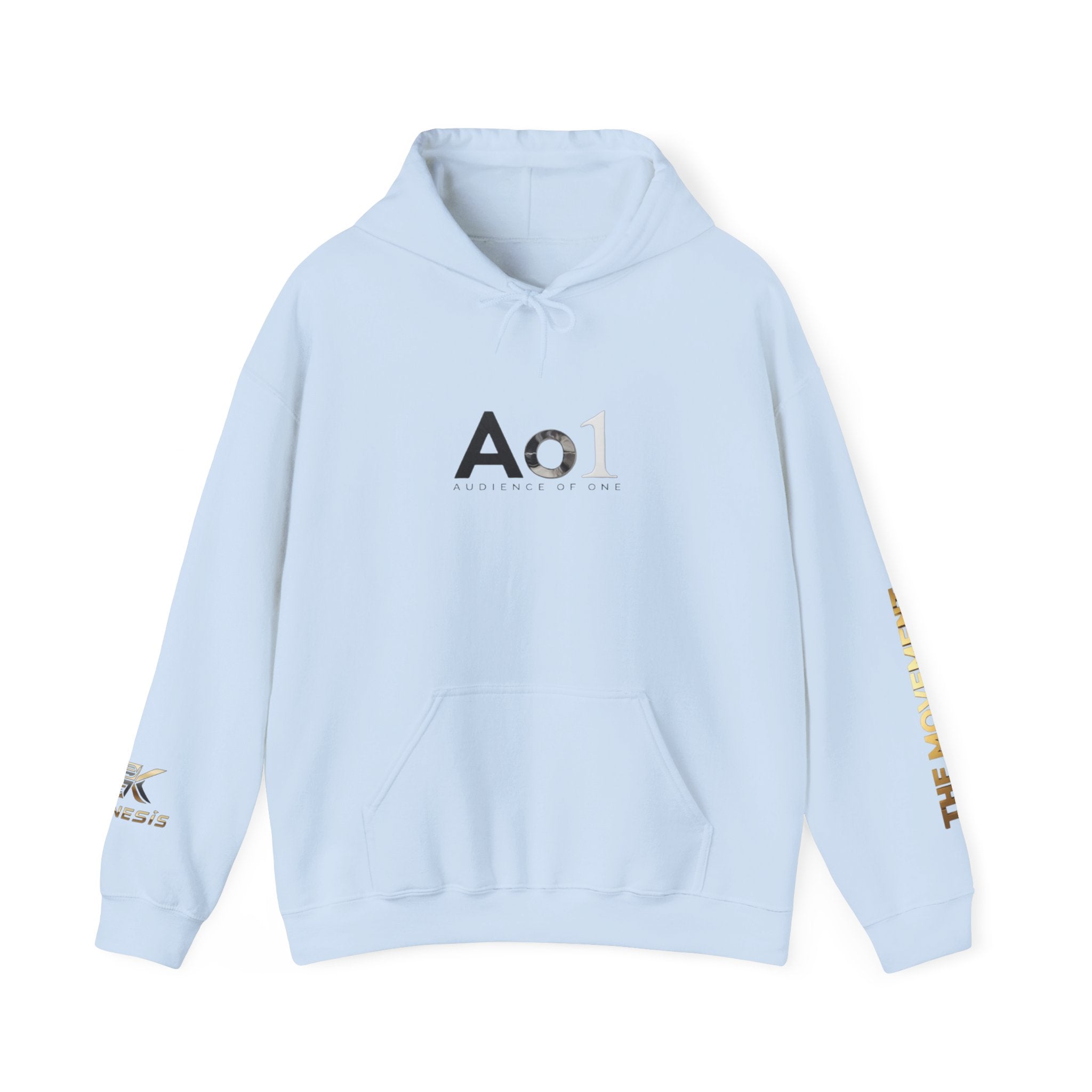 Ao1 Logo Hoodie — Minimalist White Pullover with Gold Sleeve Text