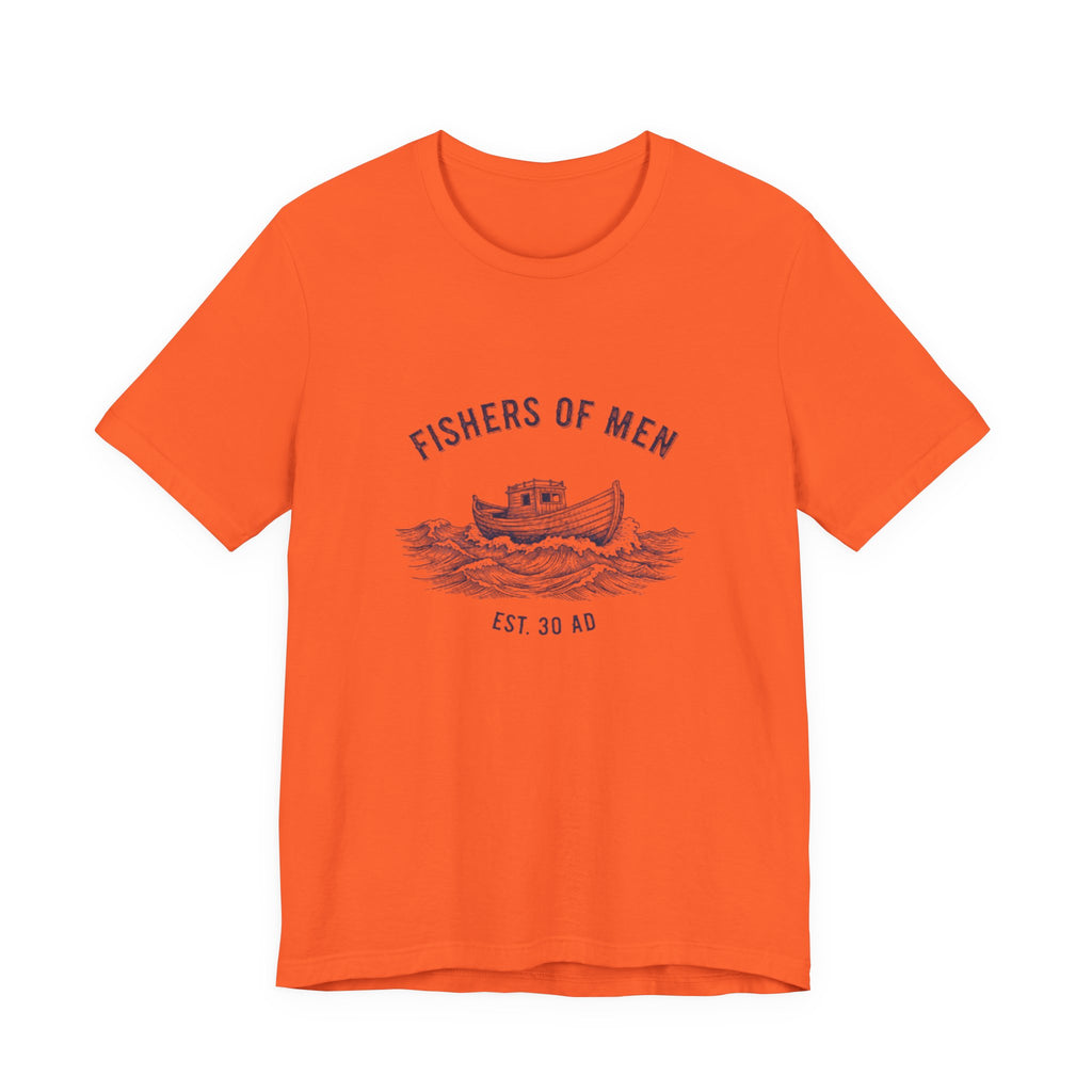 Orange t-shirt with 'Fishers of Men' graphic design on a white background