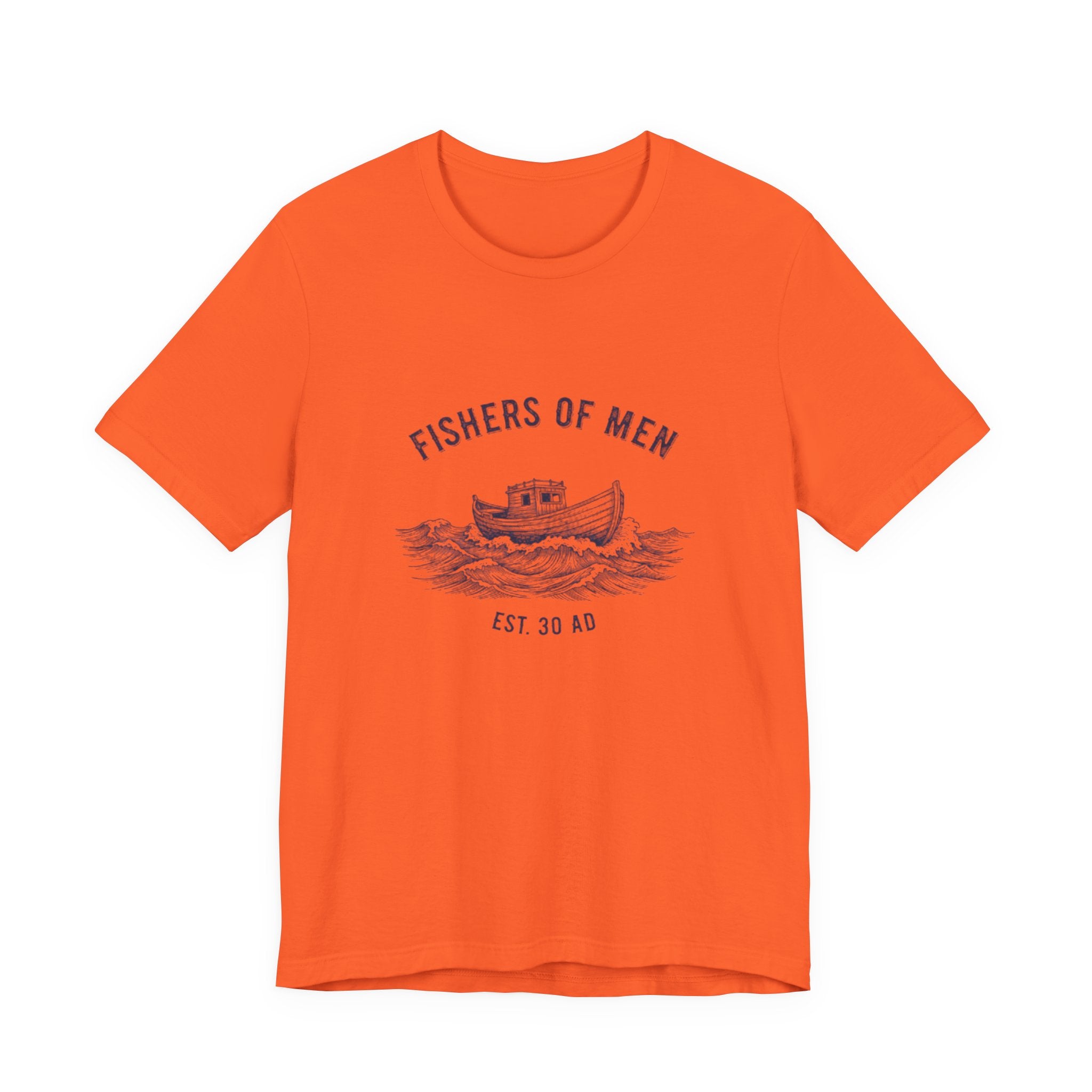 Orange t-shirt with 'Fishers of Men' graphic design on a white background