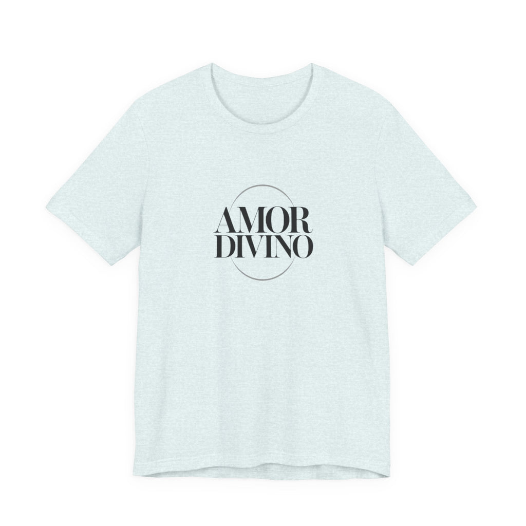 Light blue t-shirt with 'AMOR DIVINO' text on a white background