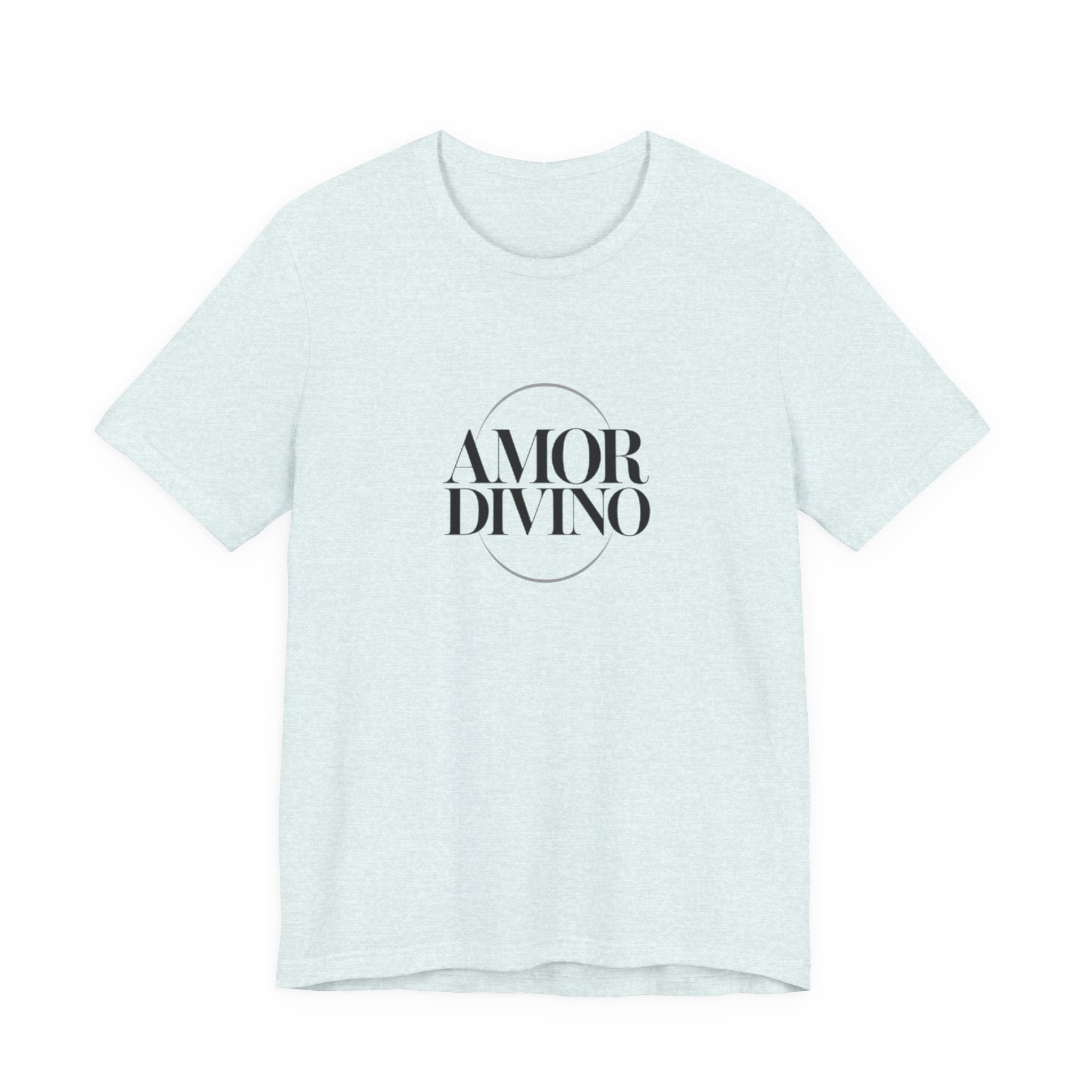 Light blue t-shirt with 'AMOR DIVINO' text on a white background