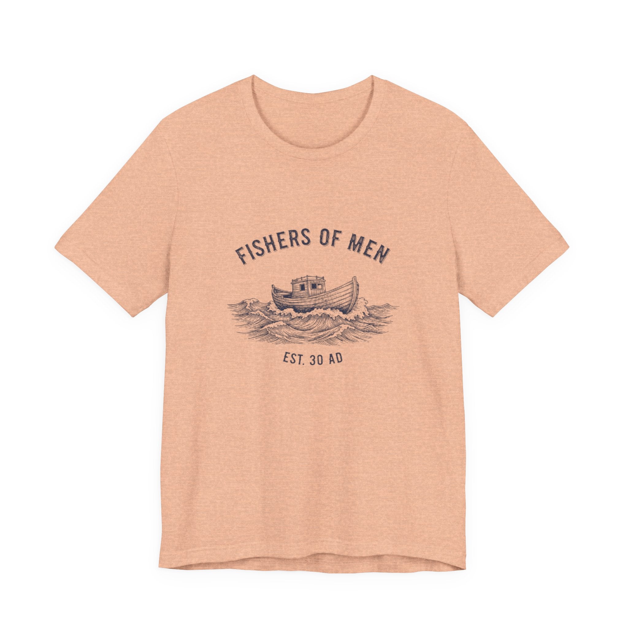 Peach t-shirt with 'Fishers of Men' graphic design on a white background