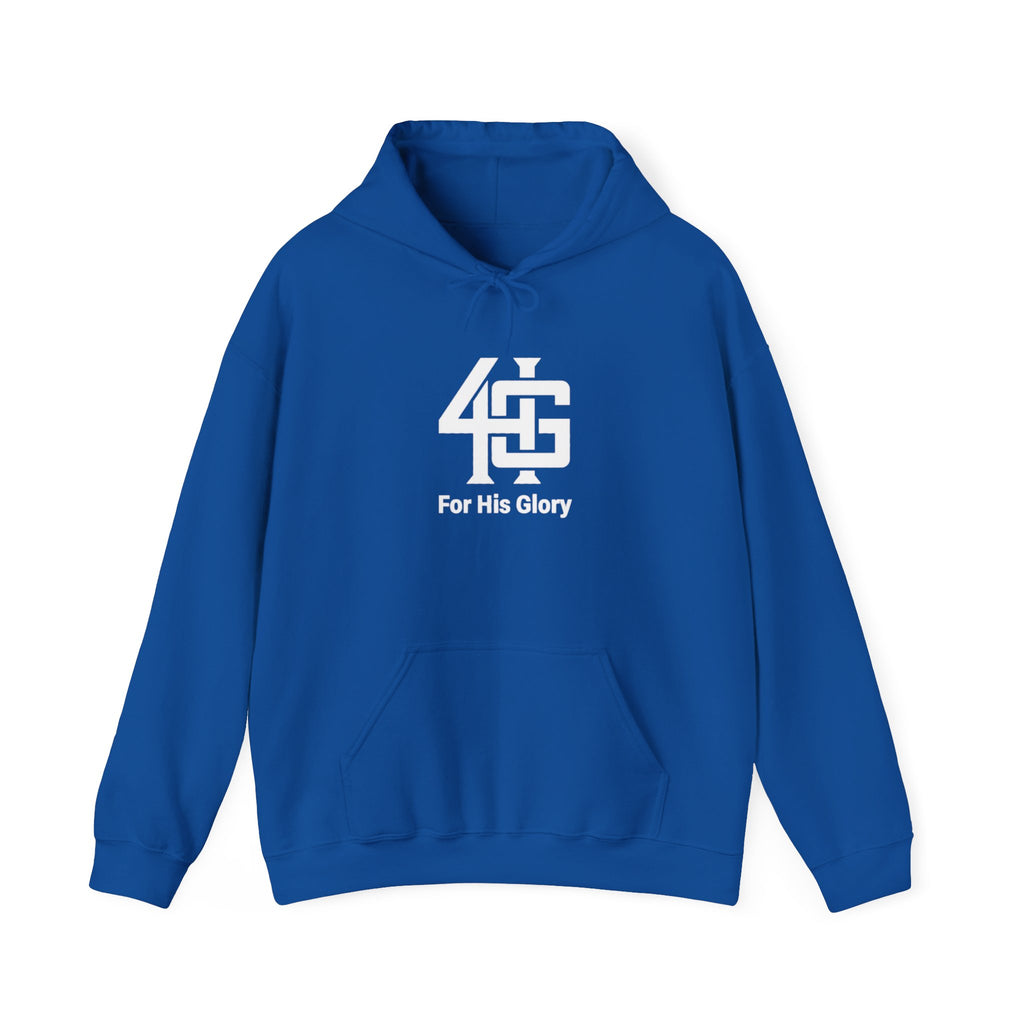 Blue hoodie with a white logo and text on a white background