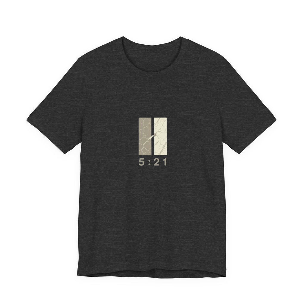 The Great Exchange 2 Corinthians 5:21 Tee in Dark Grey Heather — front view showing Great Exchange gospel graphic, Christian faith tee by 4HG