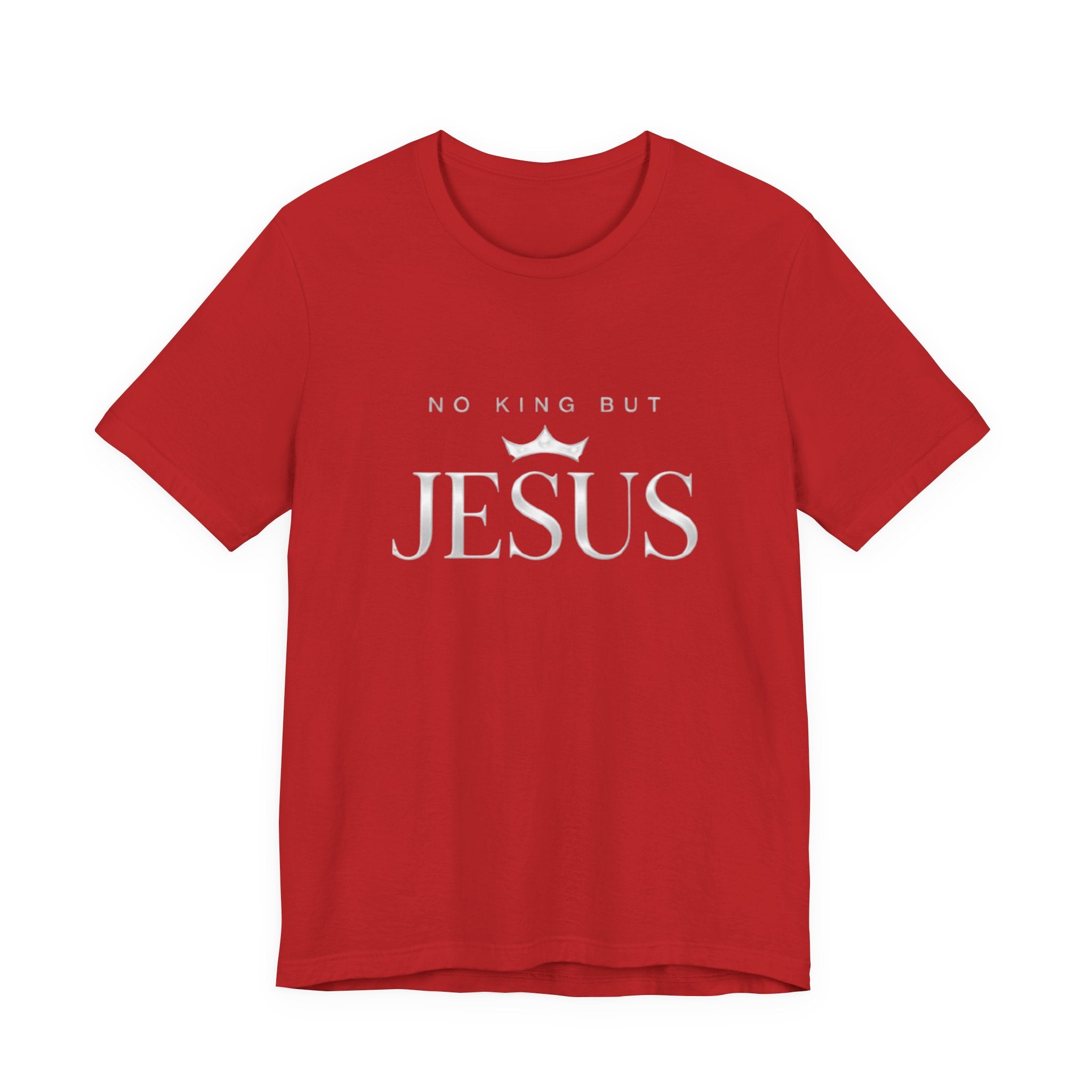 Red t-shirt with 'No King But Jesus' text on a white background
