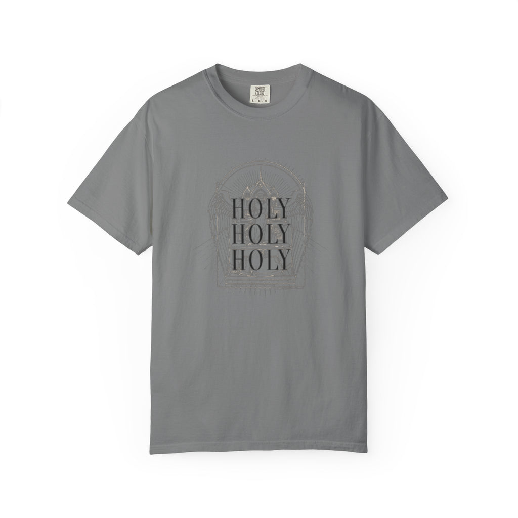 Holy Holy Holy Gothic Stained-Glass Faith Tee in Grey — front view showing Isaiah 6:3 gothic stained-glass design, Christian tee by 4HG