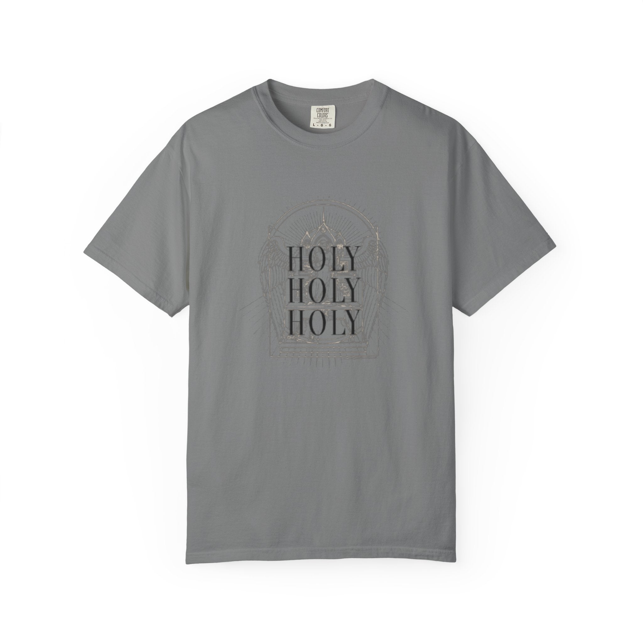 Holy Holy Holy Gothic Stained-Glass Faith Tee in Grey — front view showing Isaiah 6:3 gothic stained-glass design, Christian tee by 4HG