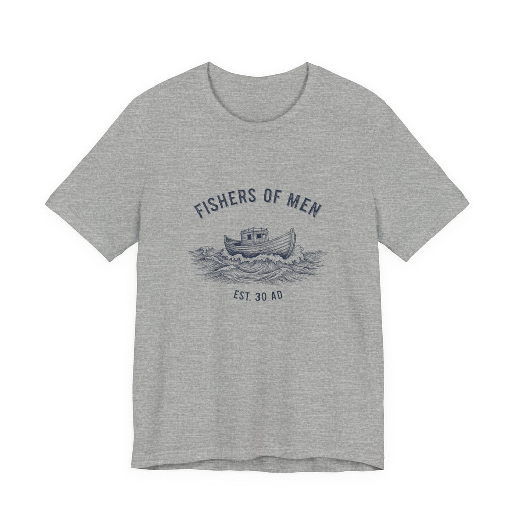 Gray t-shirt with 'Fishers of Men' graphic on a white background