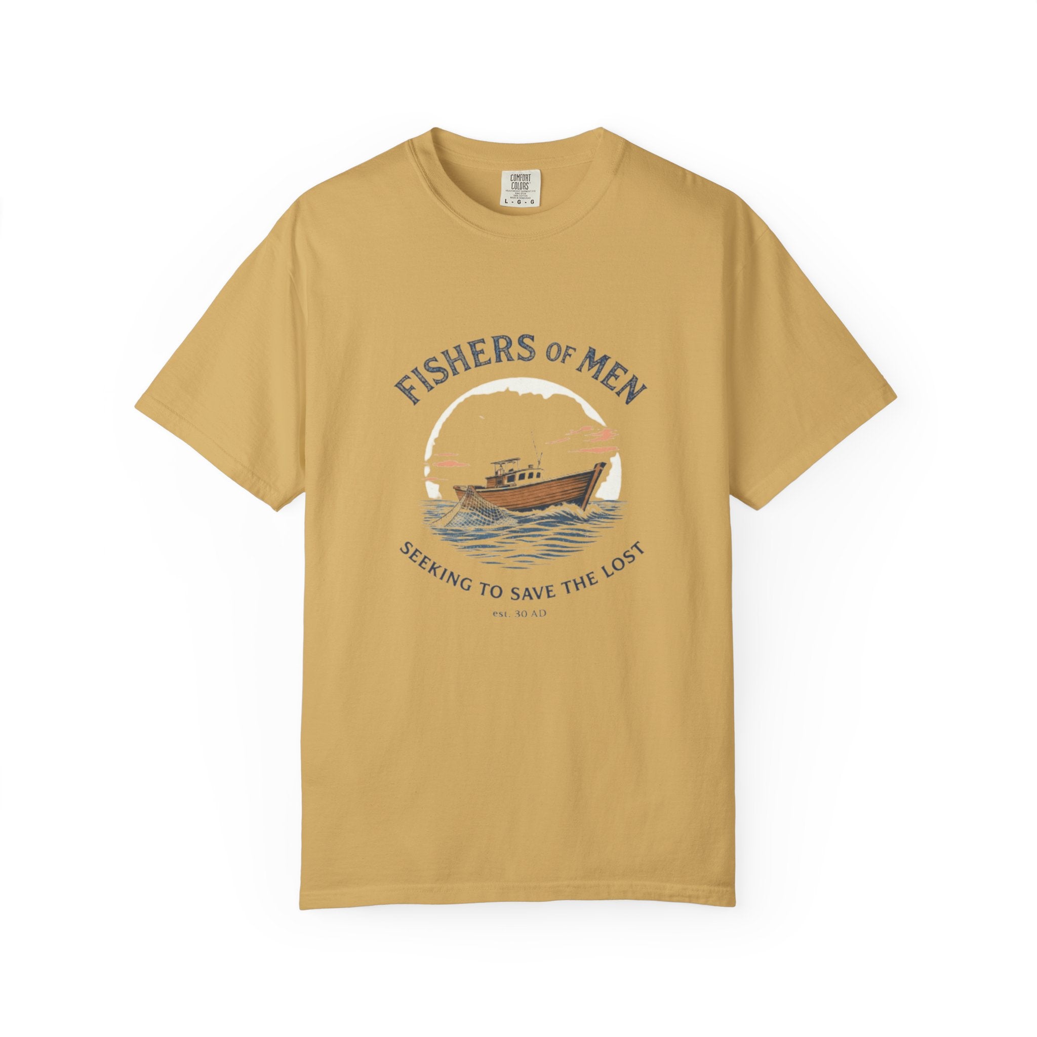 Beige t-shirt with 'Fishers of Men' graphic design on a white background