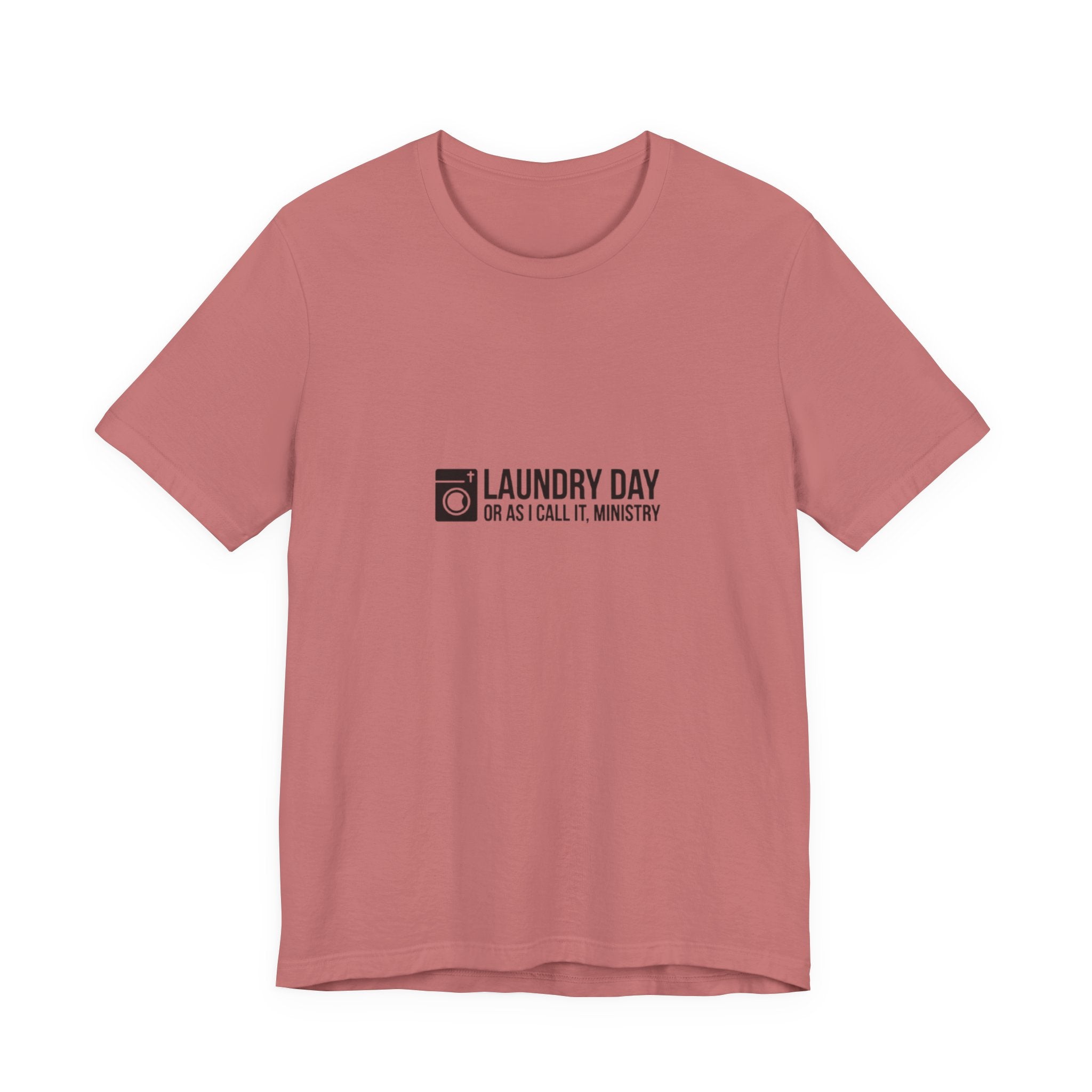 Pink t-shirt with black text on a white background
