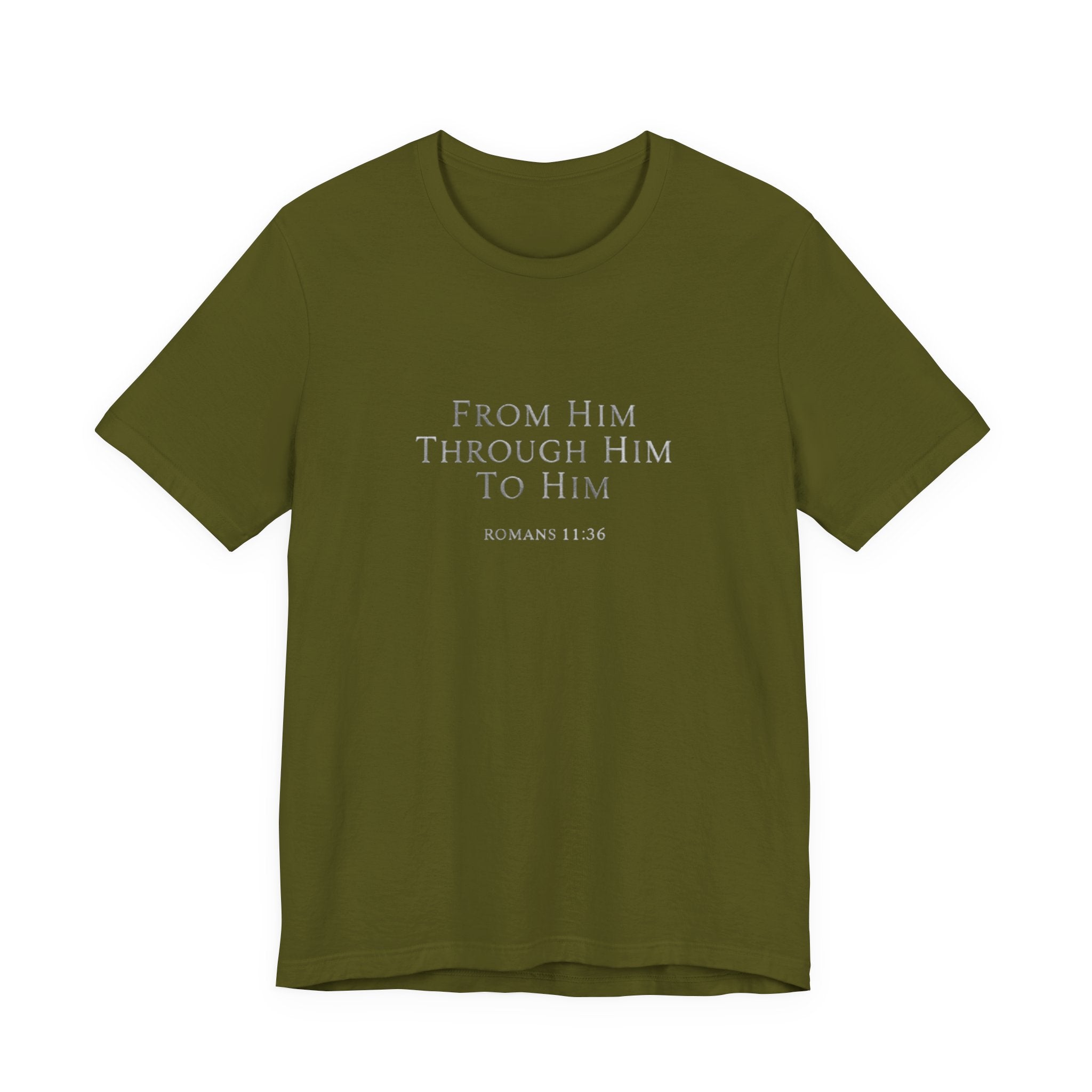 Green t-shirt with text 'From Him Through Him To Him Romans 11:36' on a white background