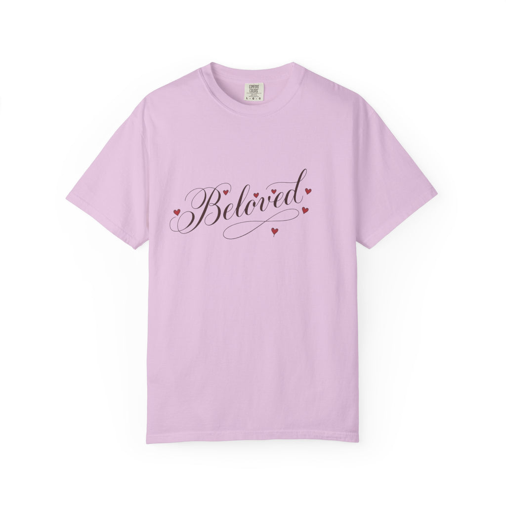 Light purple t-shirt with 'Beloved' text and heart designs on a white background