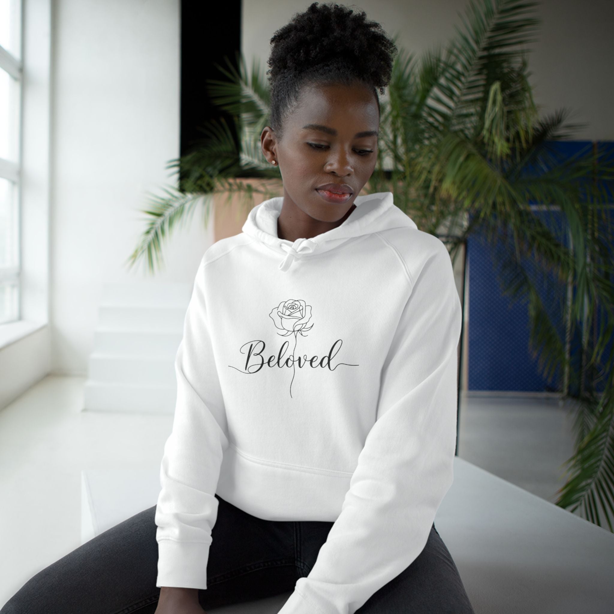 Beloved Rose Hoodie — Minimal Script Floral Pullover Sweatshirt