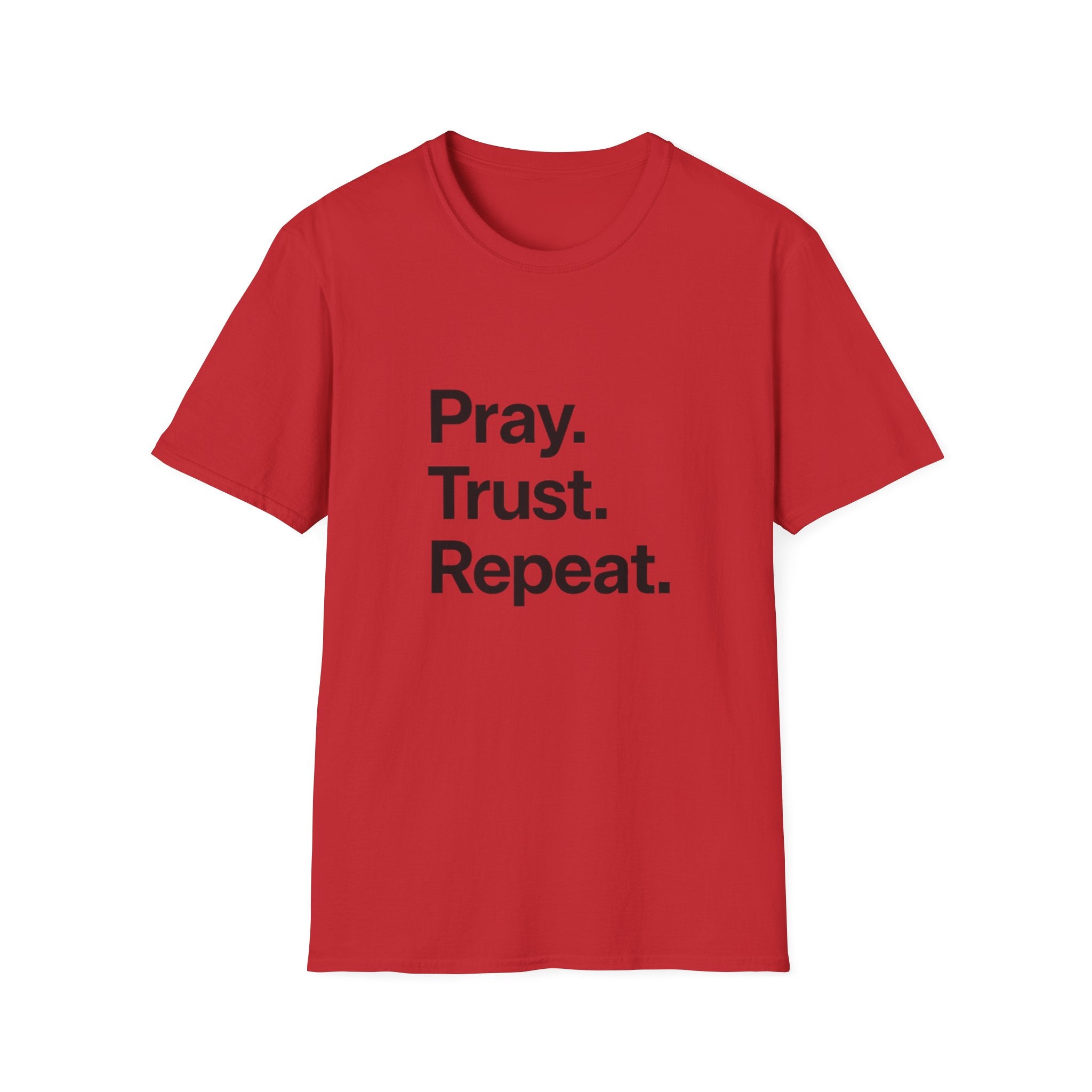 Red t-shirt with 'Pray. Trust. Repeat.' text on a white background