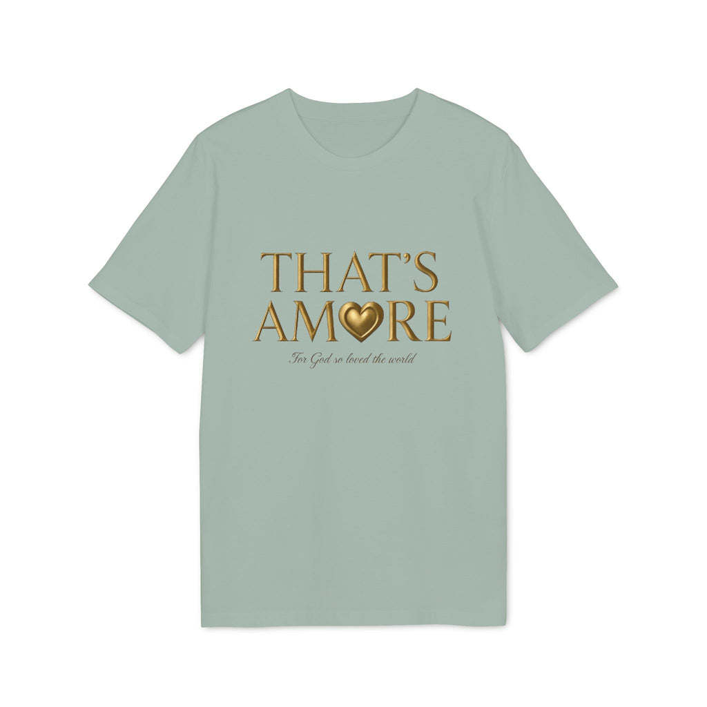 Light green t-shirt with 'THAT'S AMORE' text and heart graphic on a white background