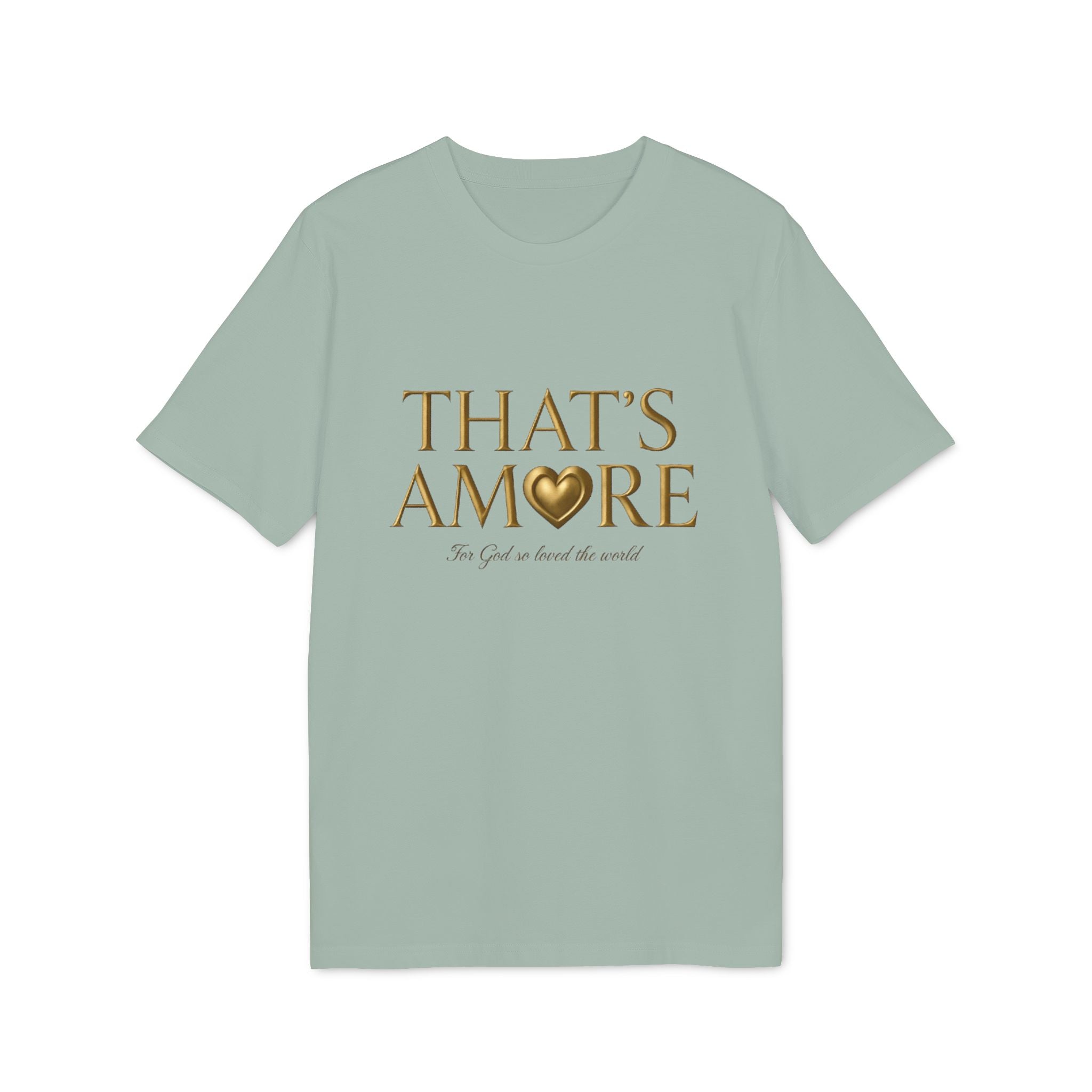 Light green t-shirt with 'THAT'S AMORE' text and heart graphic on a white background