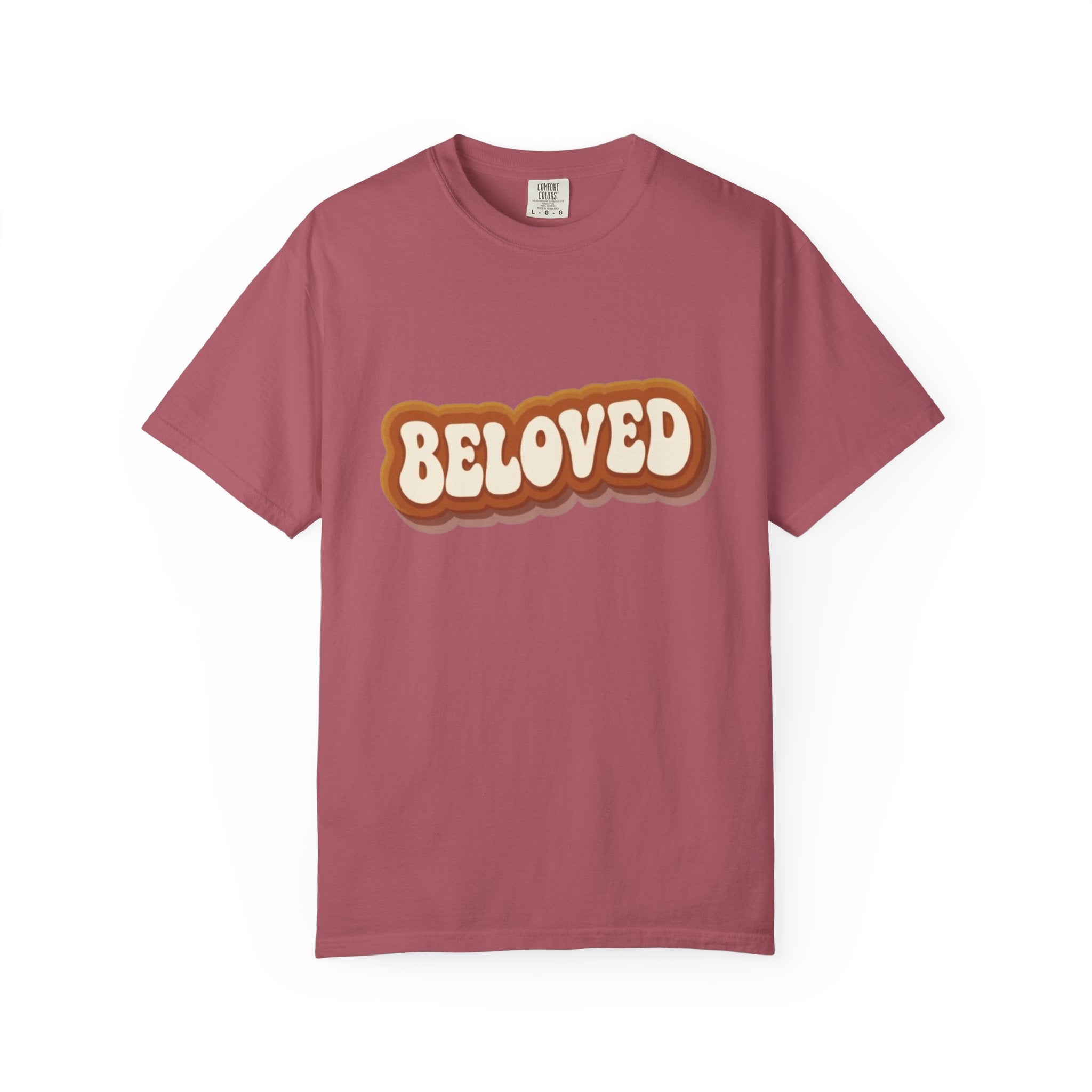Maroon t-shirt with 'BELOVED' text on a white background