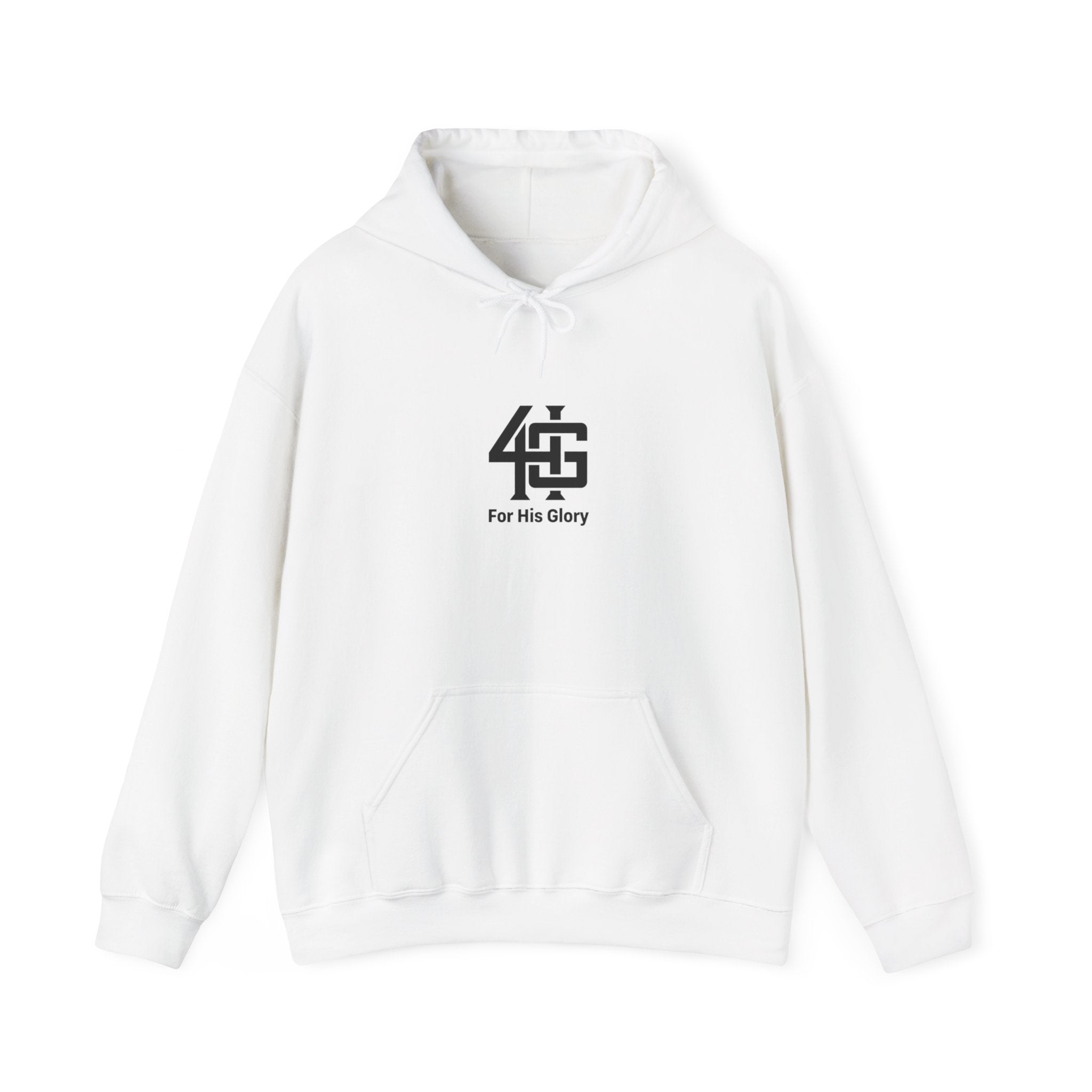 White hoodie with black logo and text on a white background