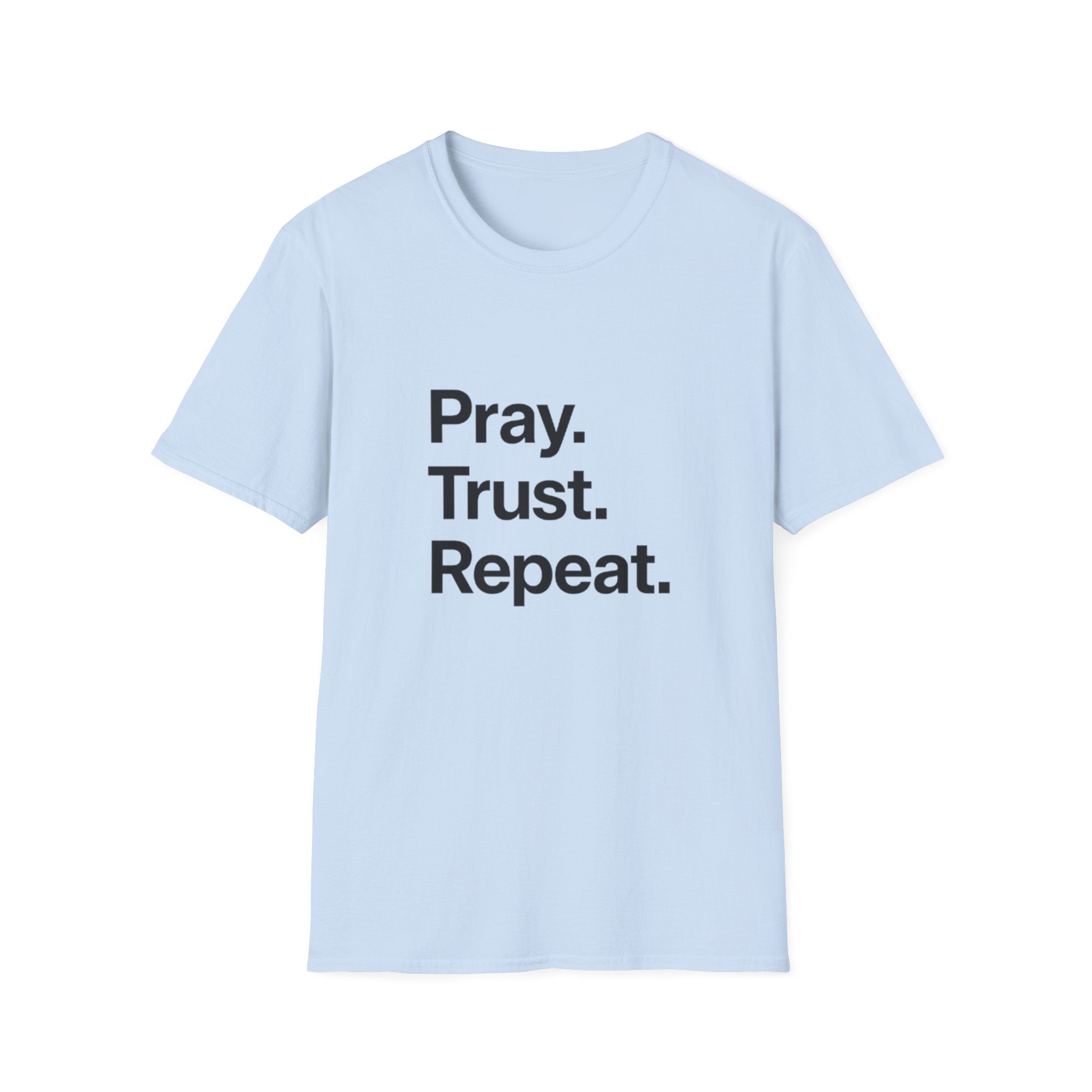 Light blue t-shirt with 'Pray. Trust. Repeat.' text on a white background