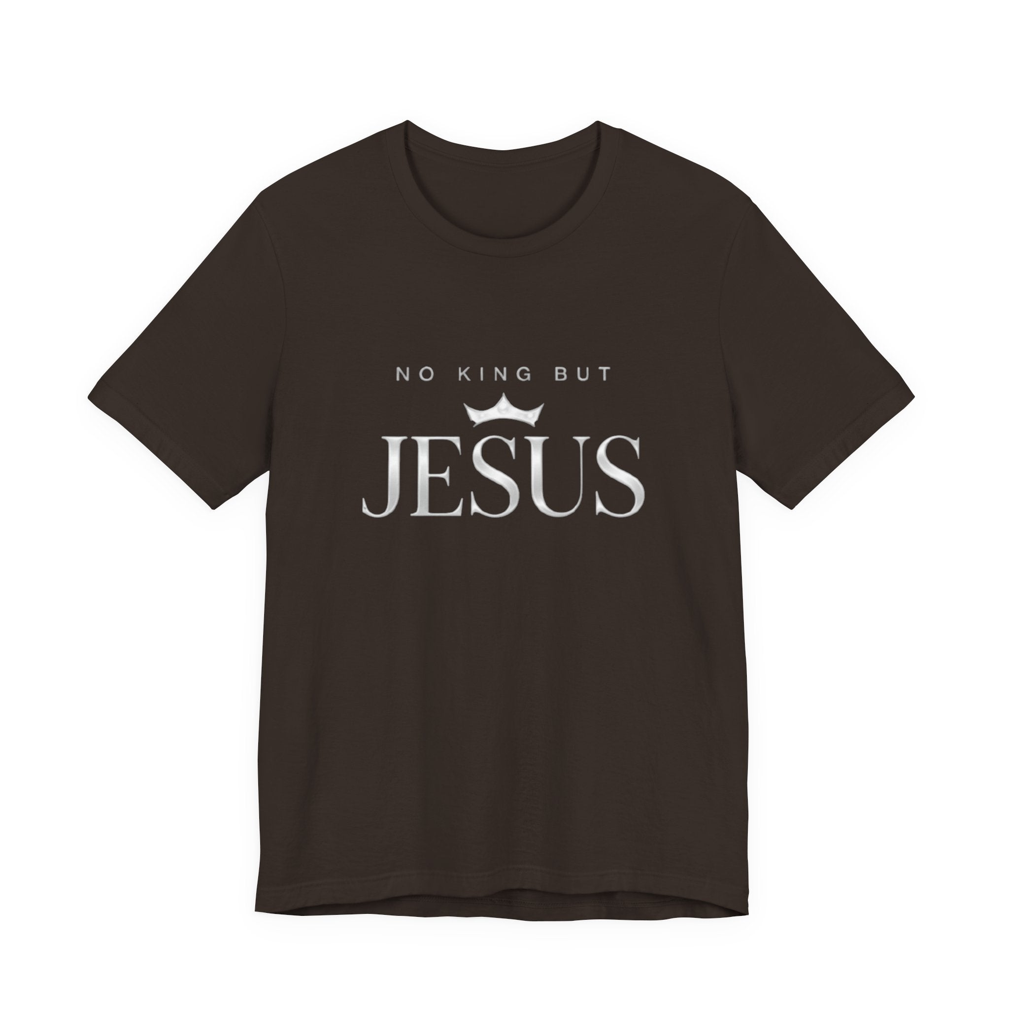 Black t-shirt with 'No King But Jesus' text on a white background