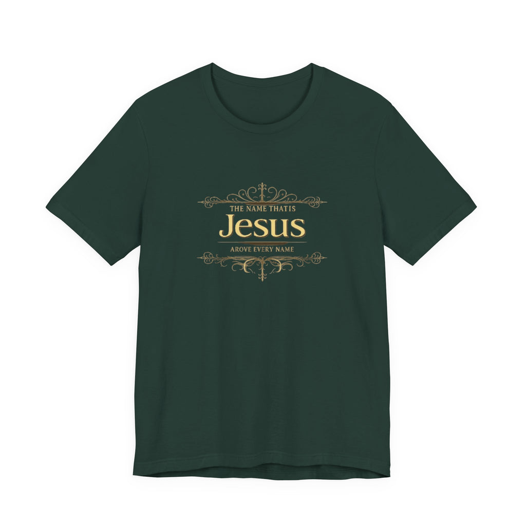 Green t-shirt with gold text design on a white background