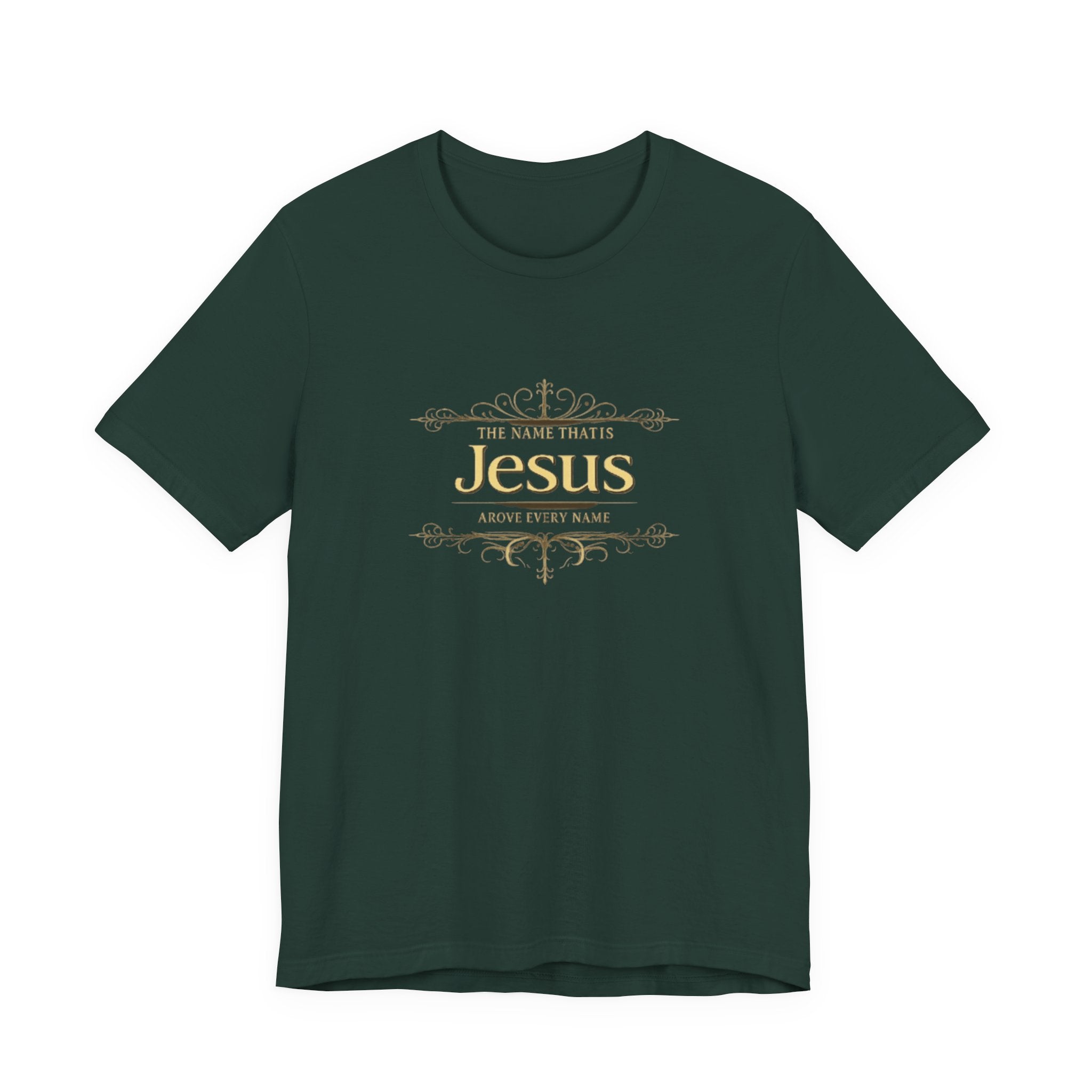 Green t-shirt with gold text design on a white background