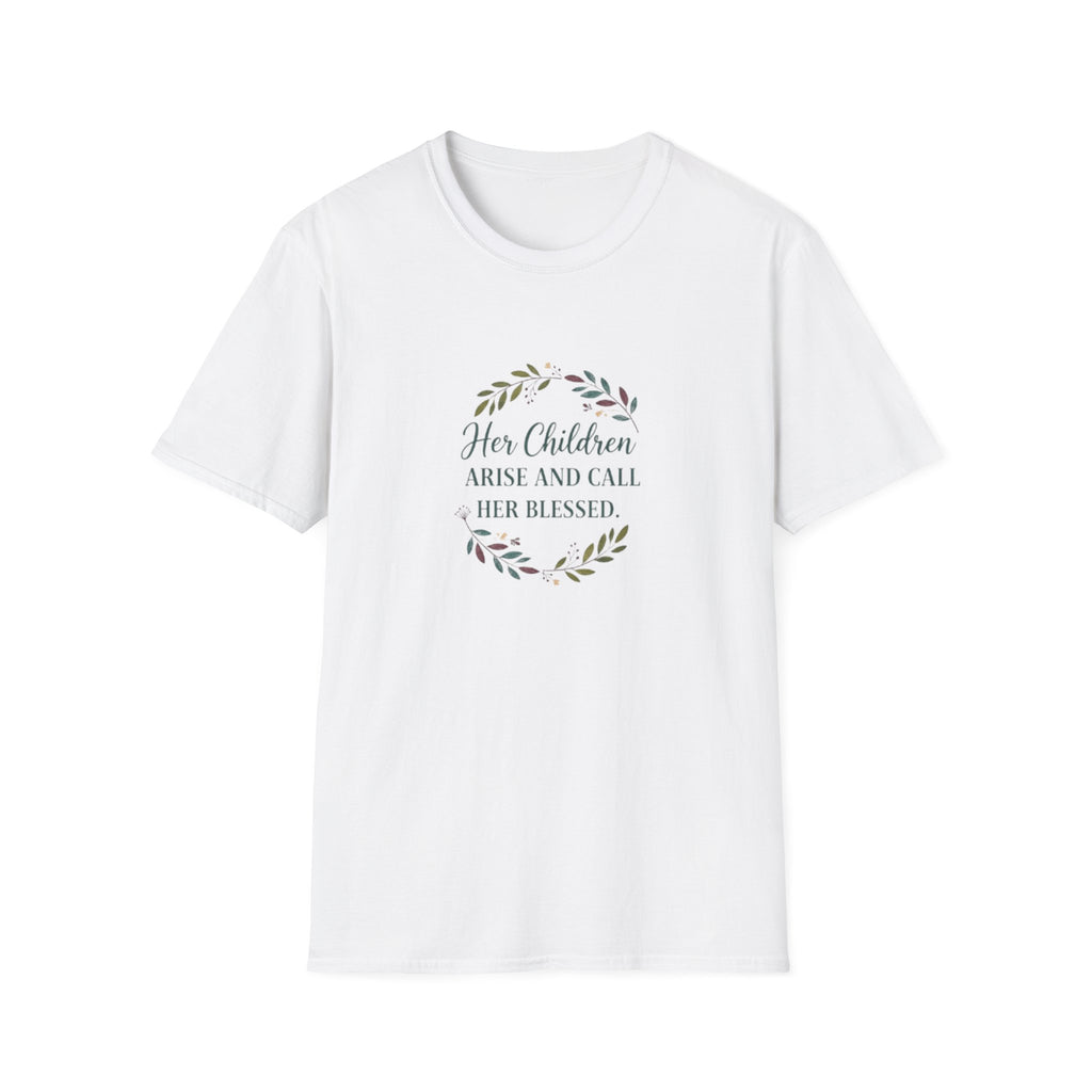 White t-shirt with text and floral design on a white background