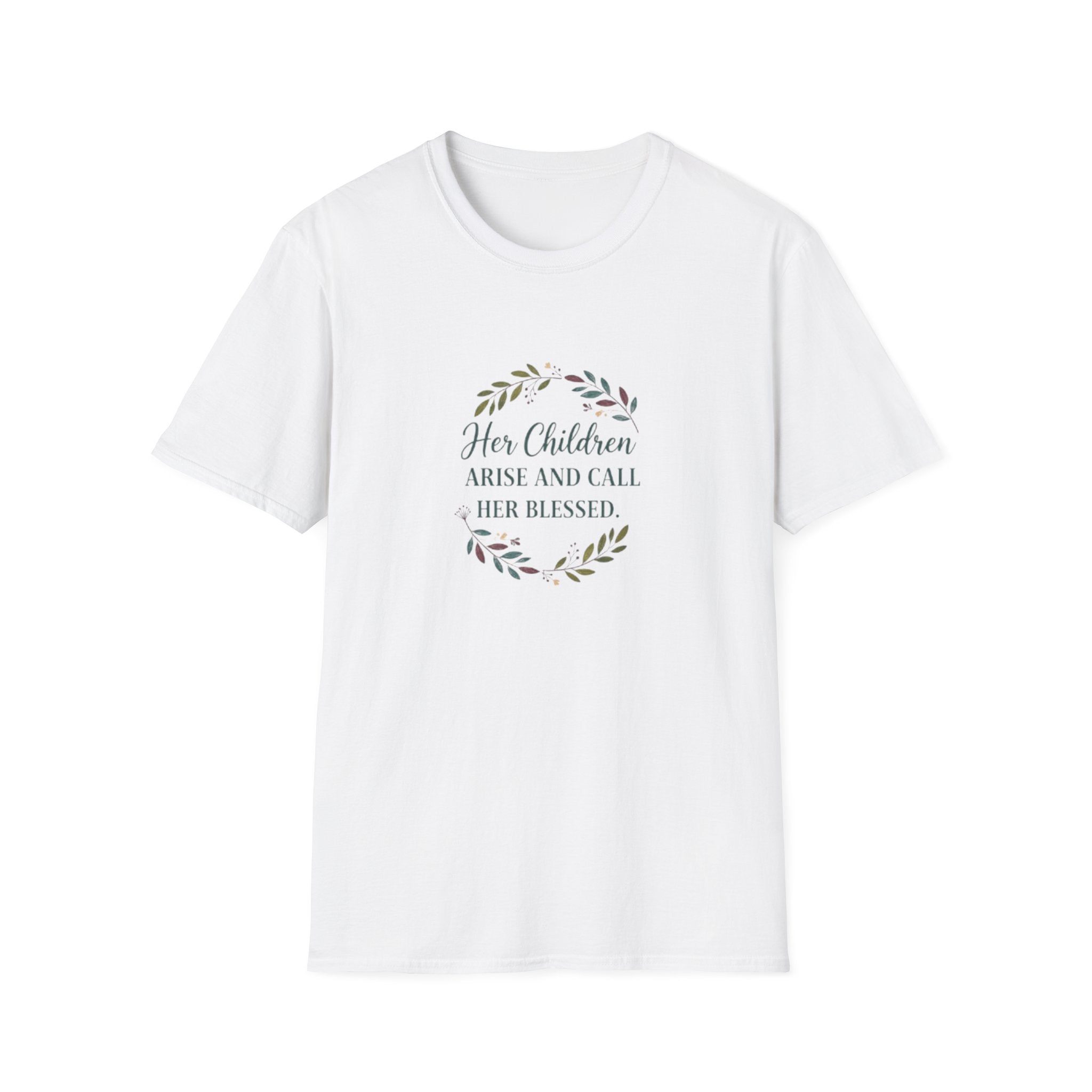White t-shirt with text and floral design on a white background