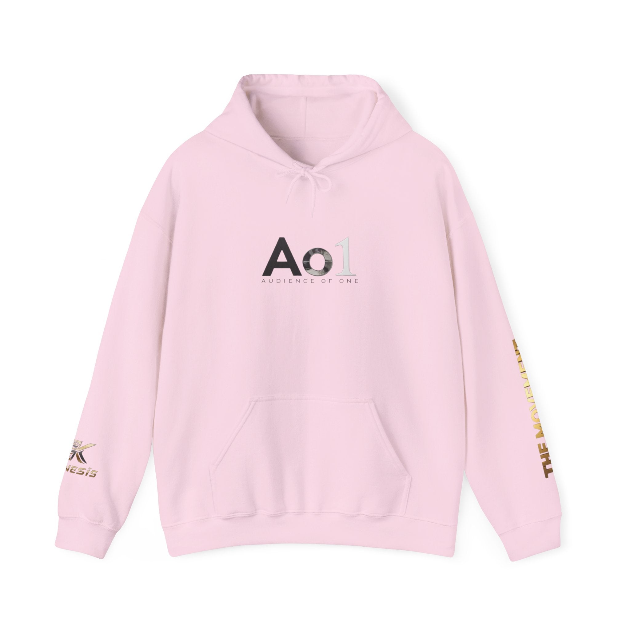 Ao1 Logo Hoodie — Minimalist White Pullover with Gold Sleeve Text