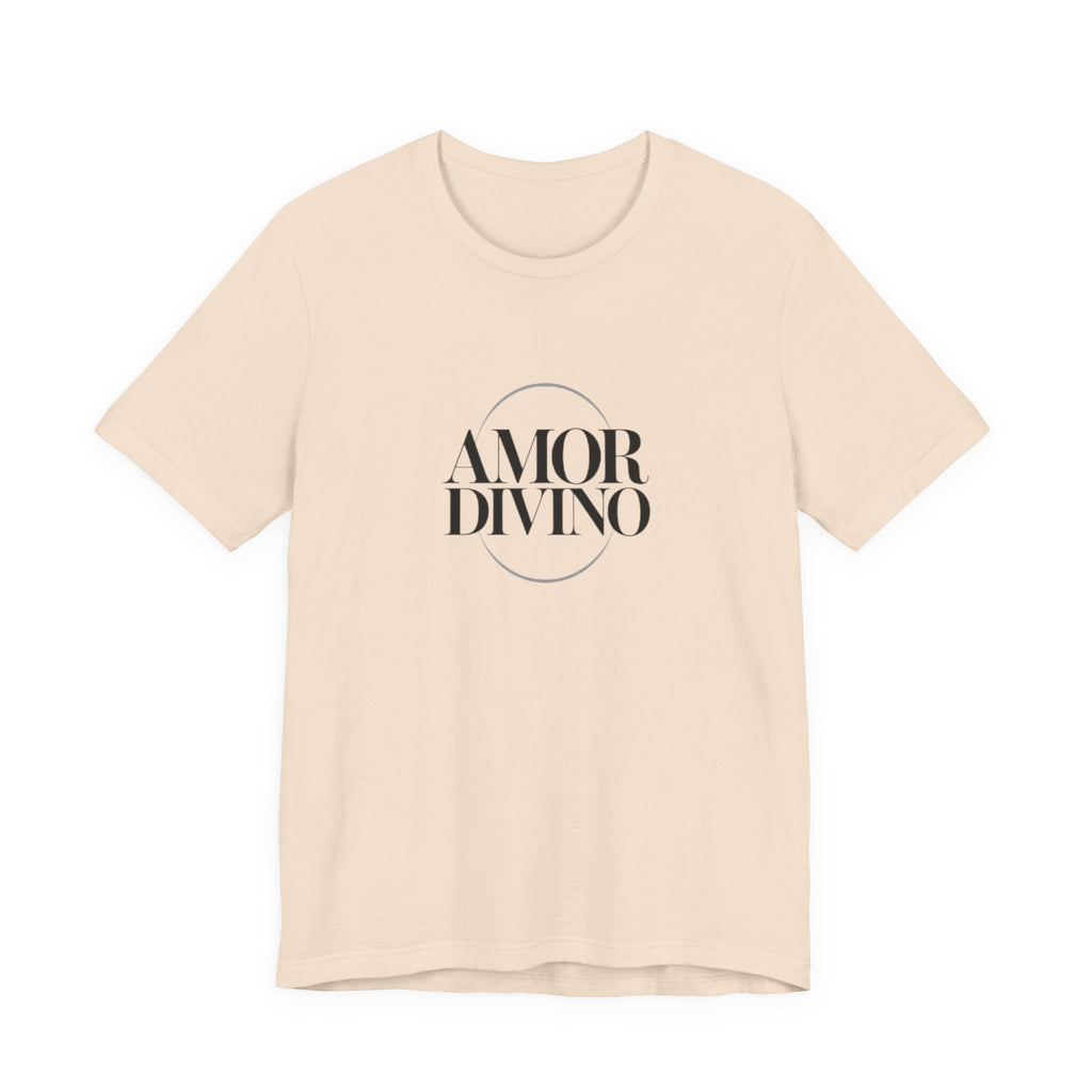 Beige t-shirt with 'AMOR DIVINO' text on a white background