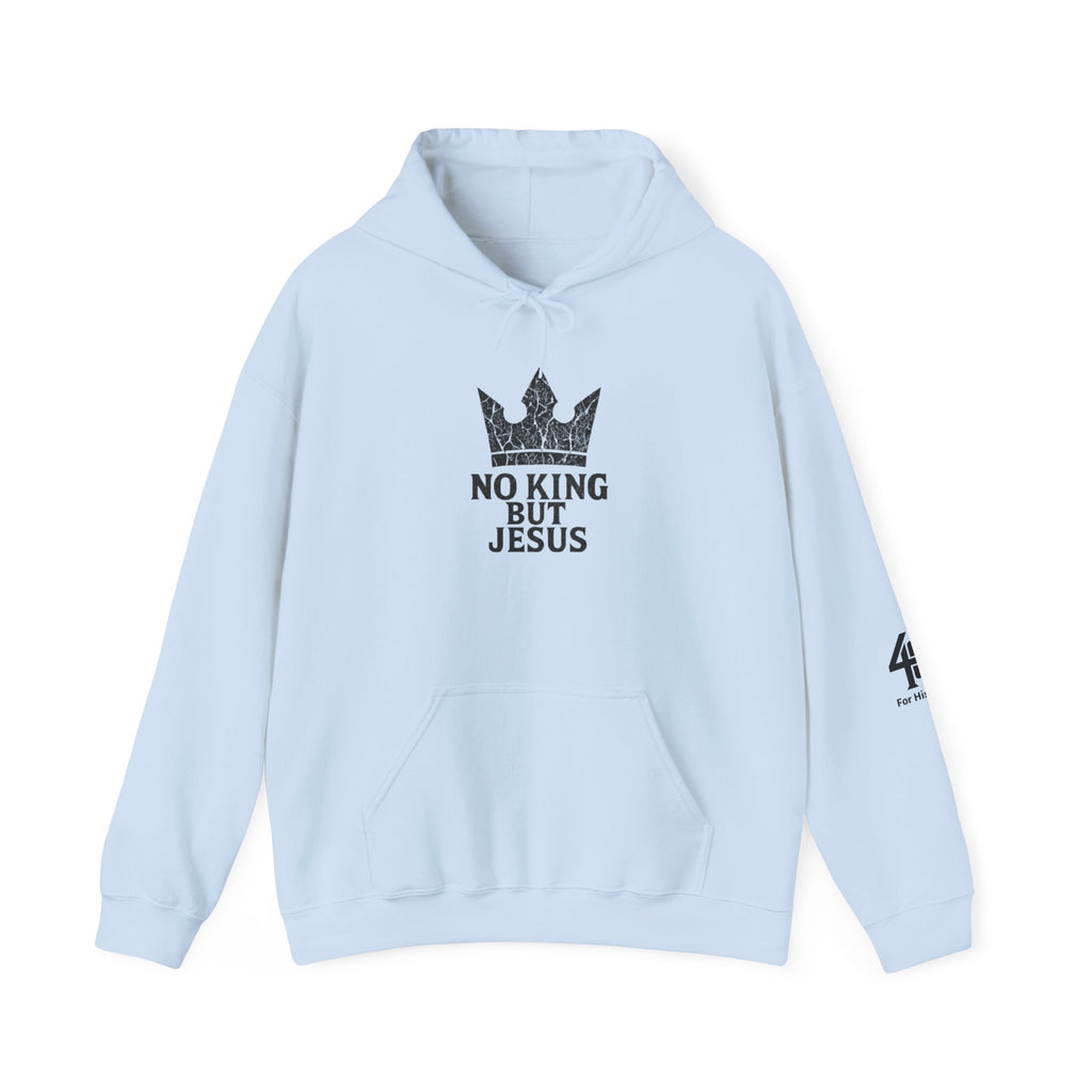 Light blue hoodie with 'No King But Jesus' text and crown design on a white background