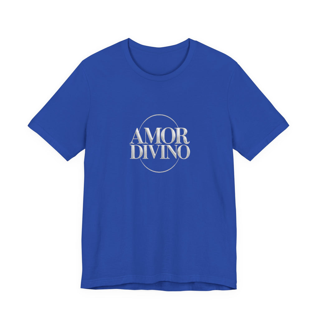 Blue t-shirt with 'AMOR DIVINO' text on a white background