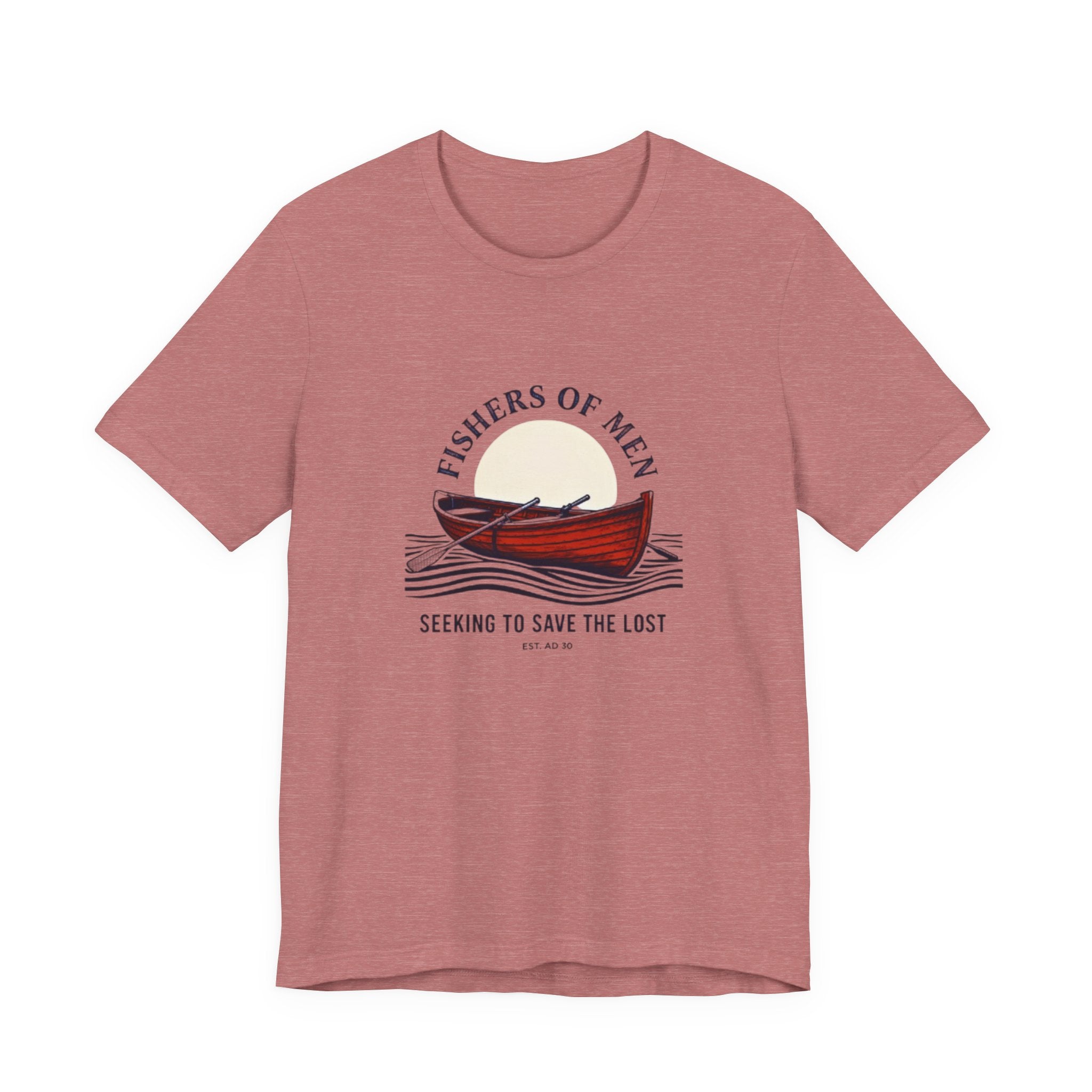 Pink t-shirt with a graphic of a boat and moon, text 'Fishers of Men Seeking to Save the Lost', on a white background.
