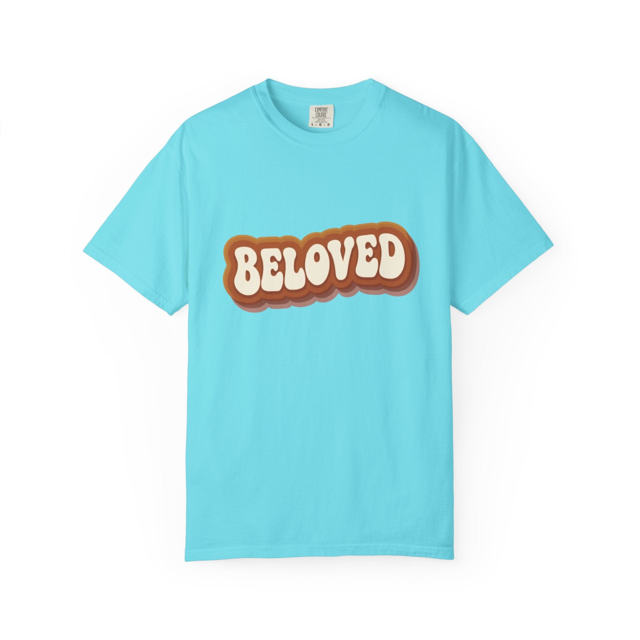 Light blue t-shirt with 'BELoved' text on a white background