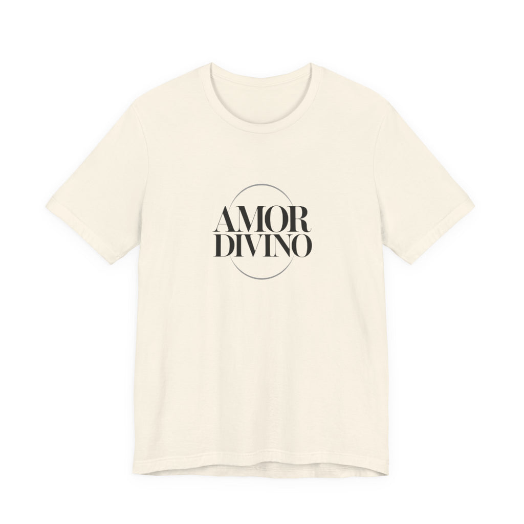 Beige t-shirt with 'AMOR DIVINO' text on a white background