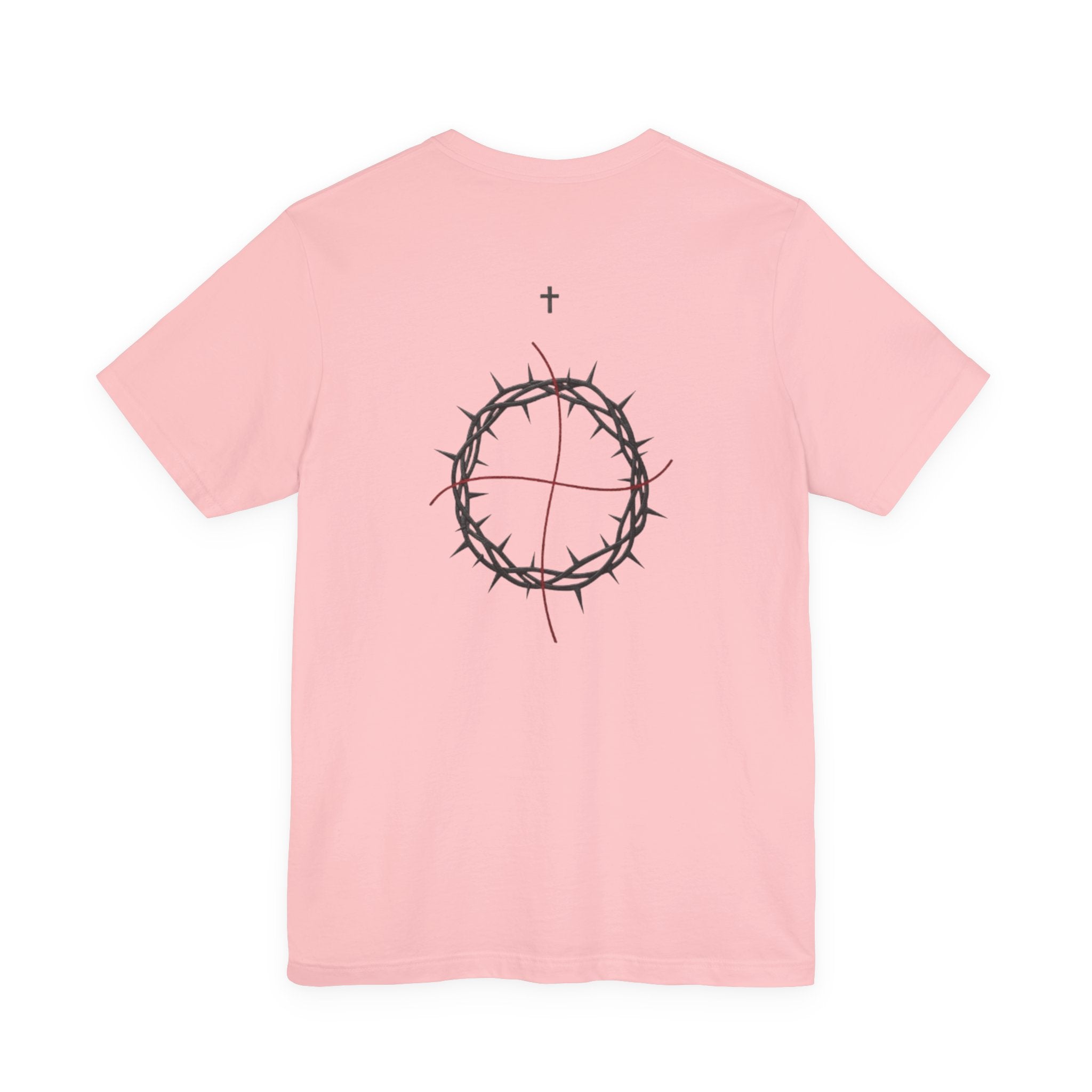 Pink t-shirt with a black crown of thorns design on the back against a white background