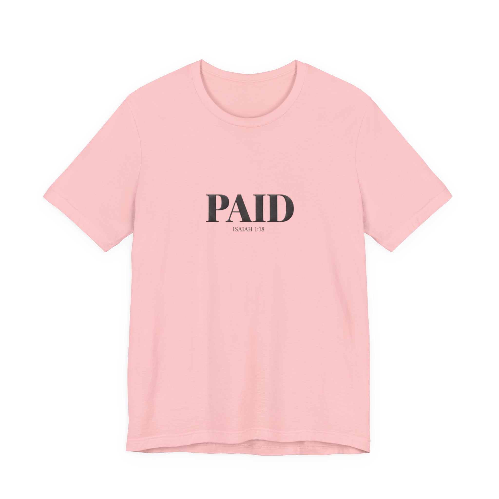 Pink t-shirt with 'PAID' text on a white background