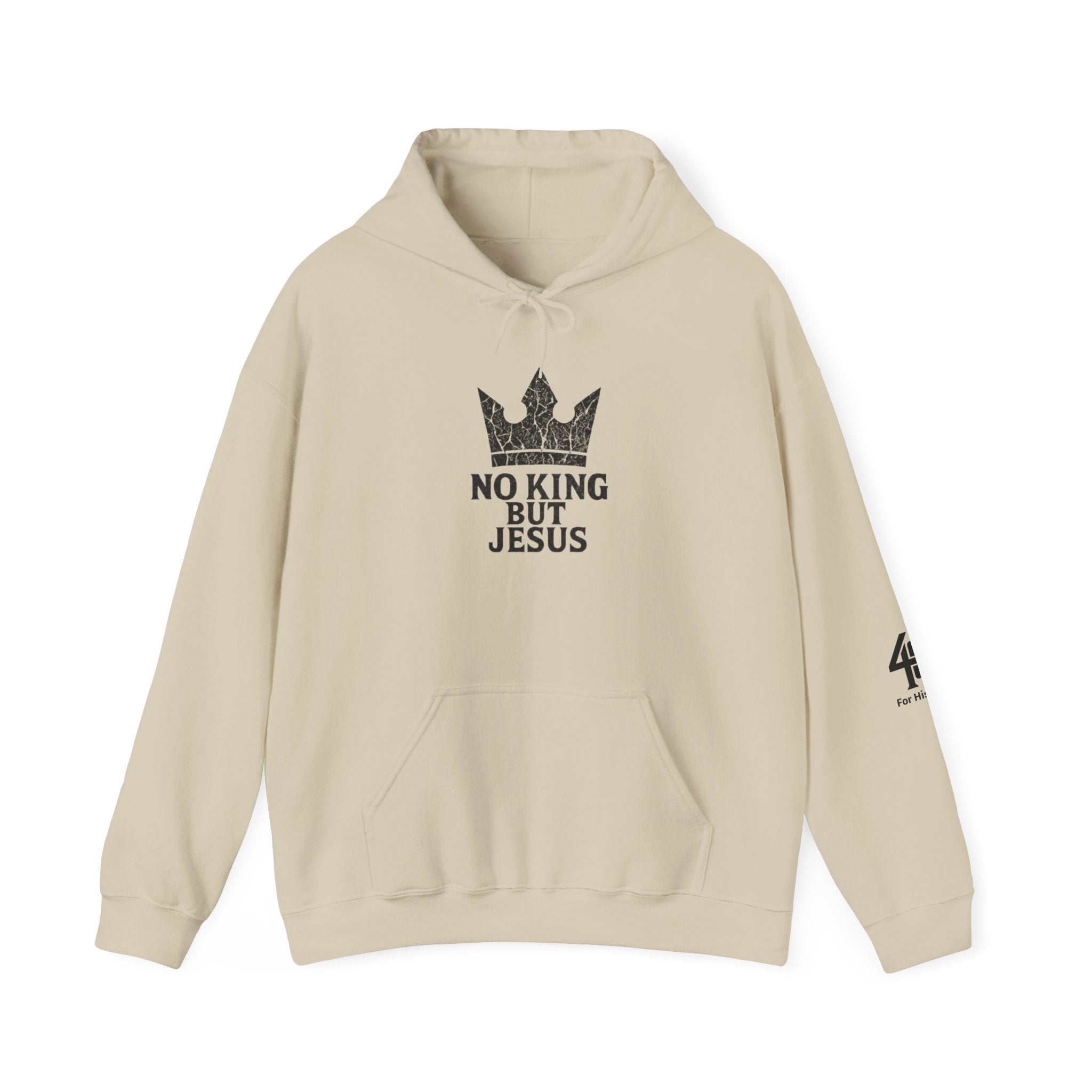 Beige hoodie with 'No King But Jesus' text and crown graphic on a white background