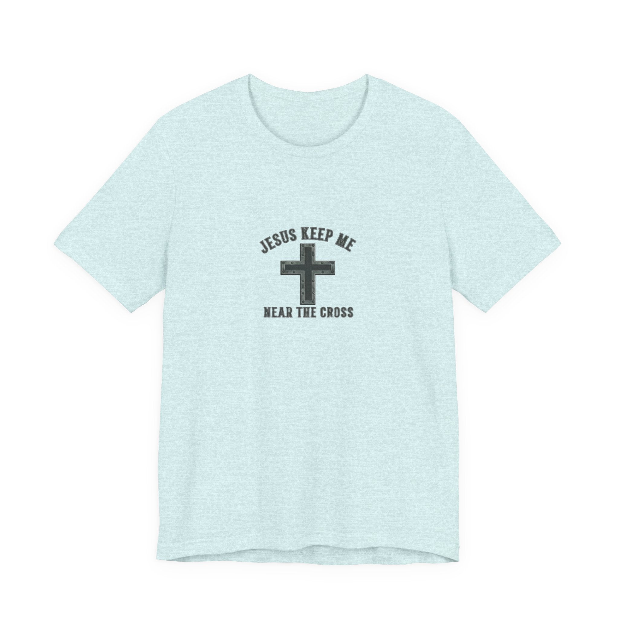 Light blue t-shirt with a cross graphic and text on a white background