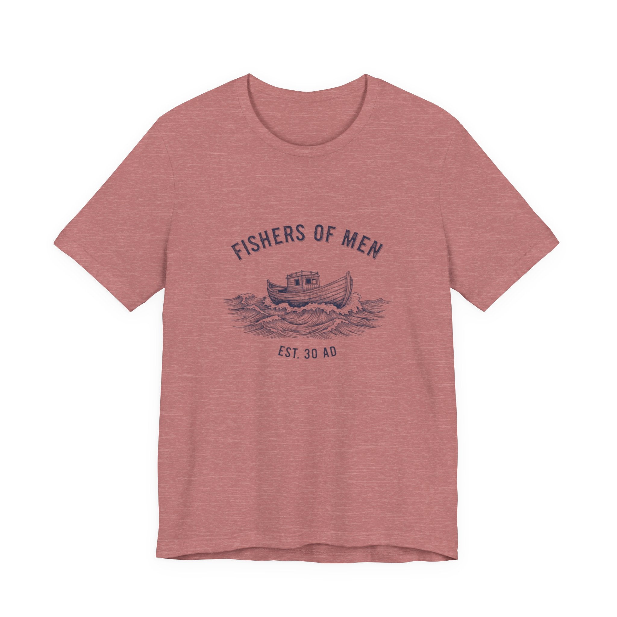 Pink t-shirt with 'Fishers of Men' graphic on a white background
